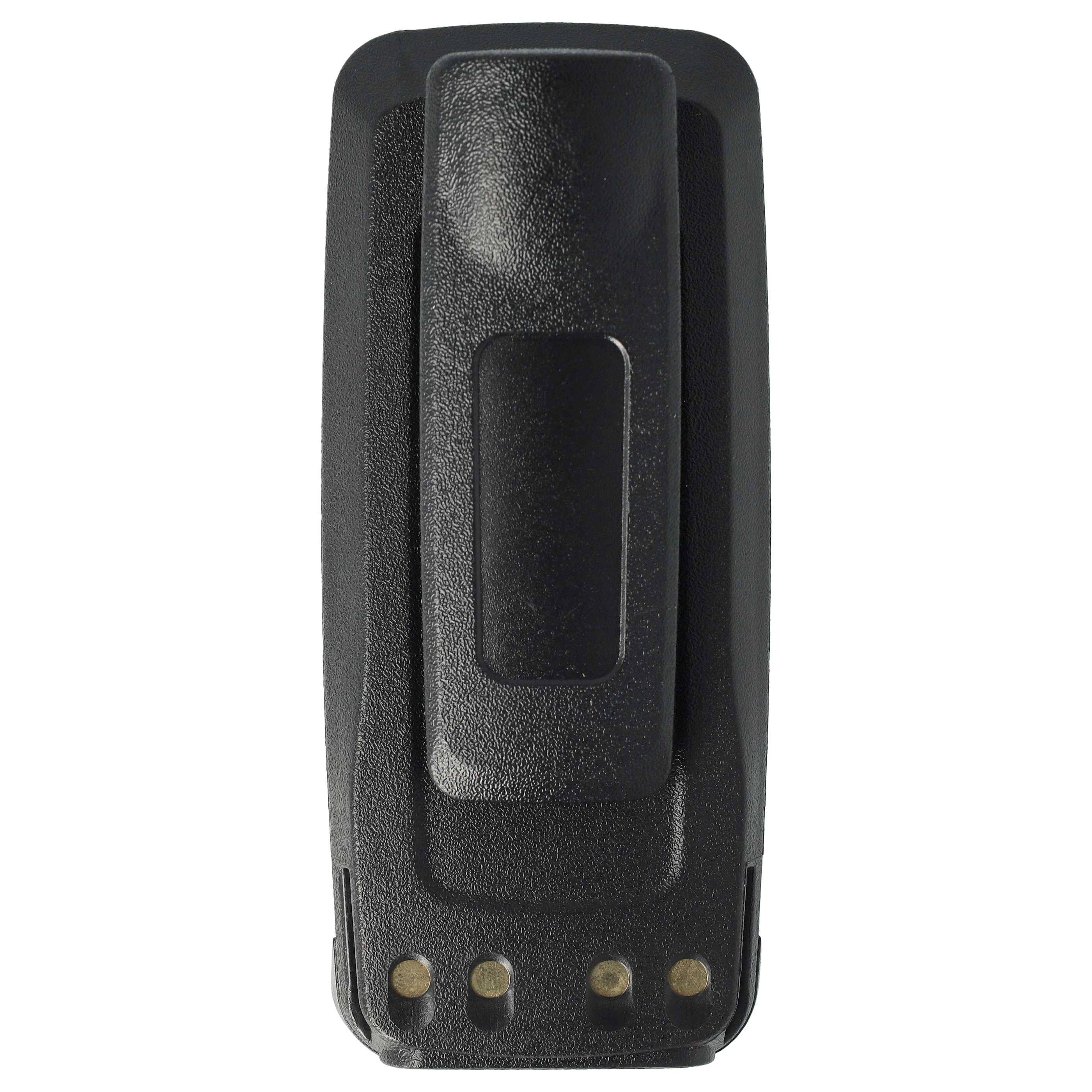 Eine schwarze rechteckige Funkgerätebatterie mit vier goldenen Kontaktpunkten am unteren Ende.