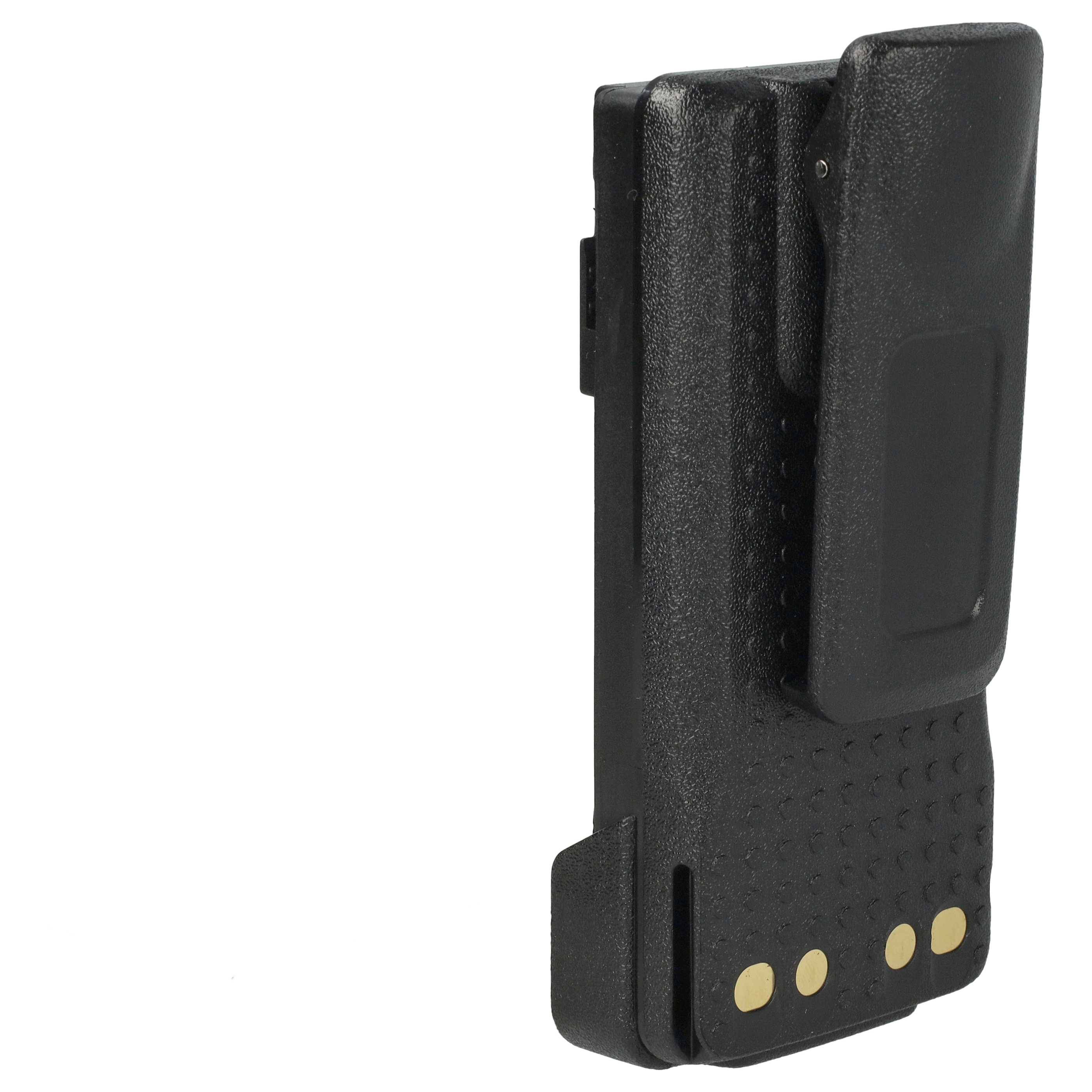 Eine schwarze Zwei-Wege-Funkbatterie mit goldenen Kontaktpunkten und einem angebrachten Gürtelclip, konzipiert für tragbare Kommunikationsgeräte.