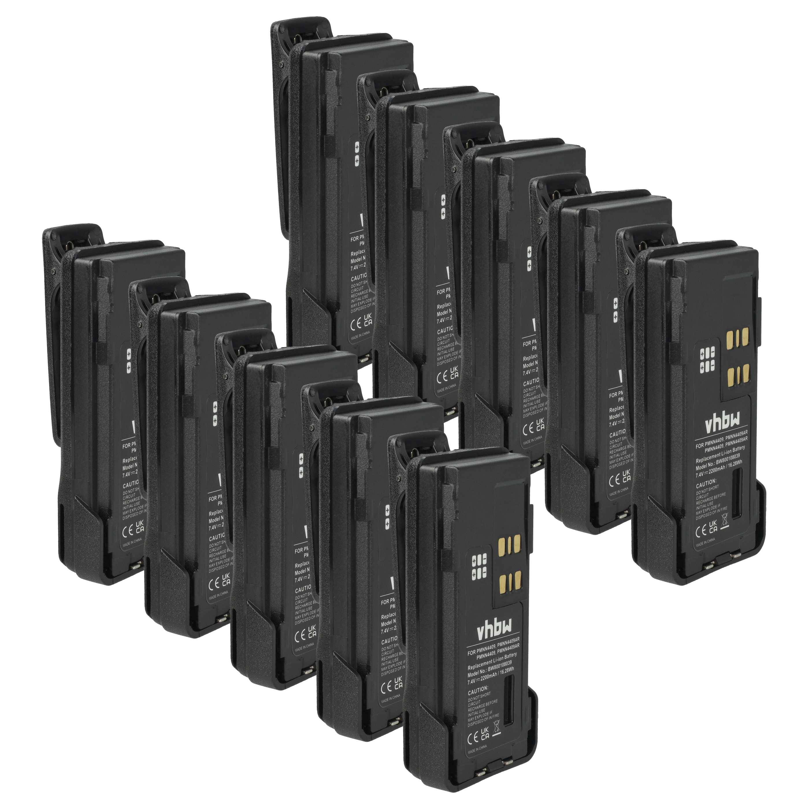 Zehn schwarze Drohnen-Akkus sind in zwei Reihen angeordnet. Jede Batterie zeigt goldene Kontaktpunkte und weißen Produktinformationstext.