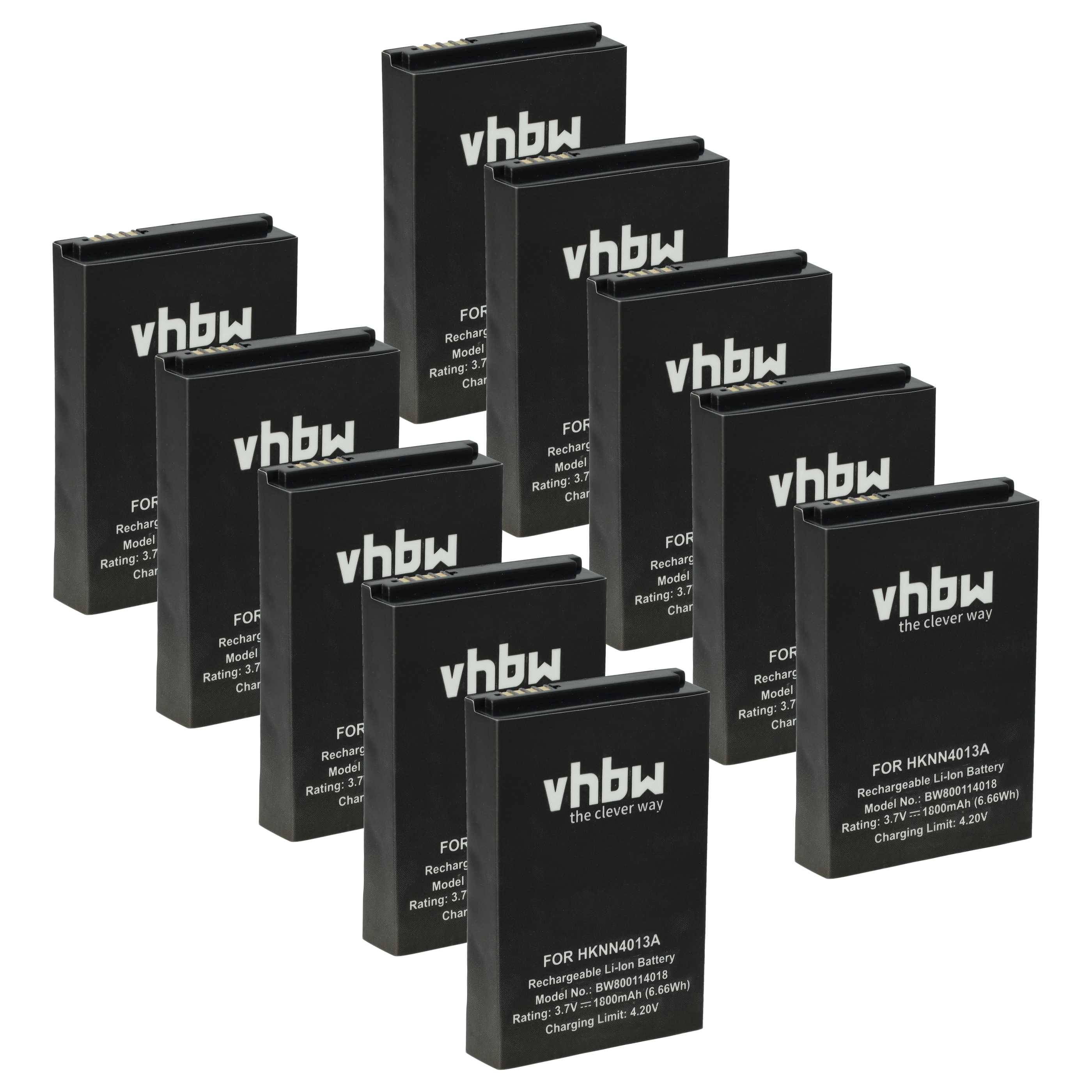 Zehn schwarze wiederaufladbare Batterien sind in zwei versetzten Reihen angeordnet. Jede Batterie ist mit 'vhbw' beschriftet und gibt das Modell 'HKN4013A' an.