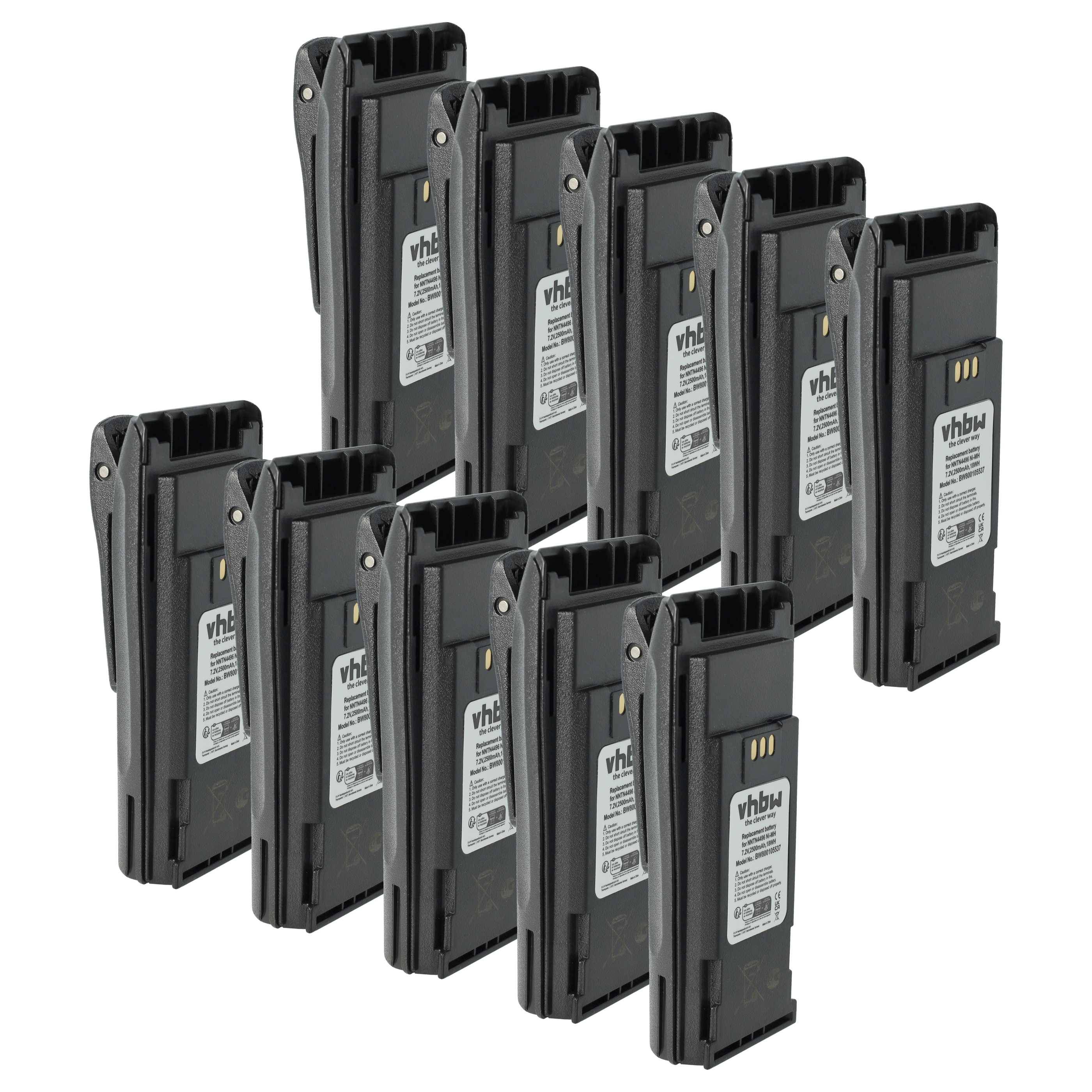 Zehn identische schwarze wiederaufladbare Batterien, die in zwei Reihen angeordnet sind. Jede Batterie ist beschriftet und verfügt über Anschlüsse und ein Markenlogo.