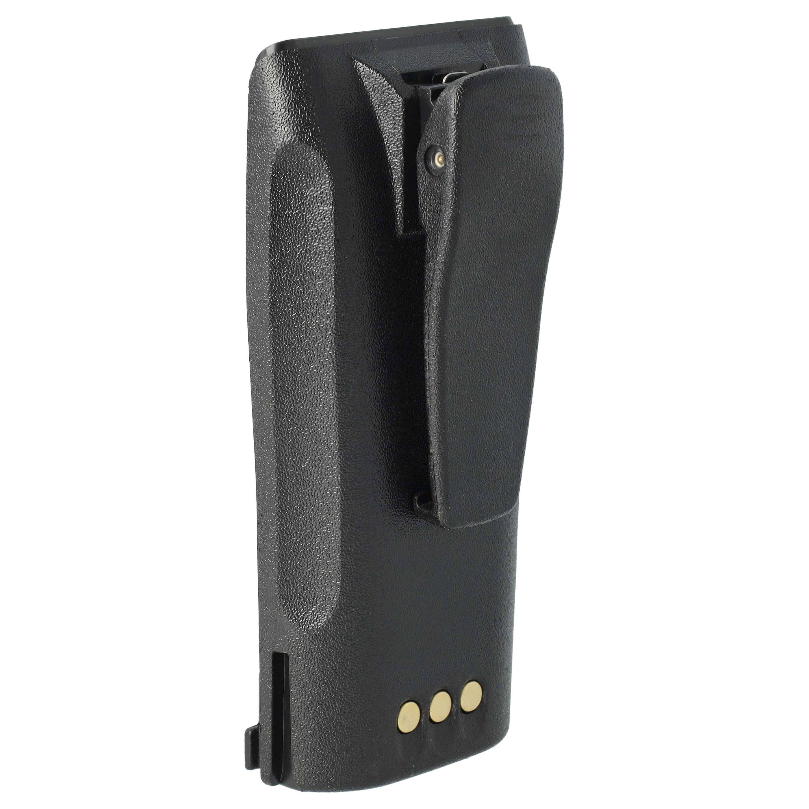 Eine schwarze, robuste Radiobatterieeinheit mit Gürtelclip, die drei goldene Kontaktpunkte an der Unterseite aufweist und für tragbare Funkgeräte entwickelt wurde.