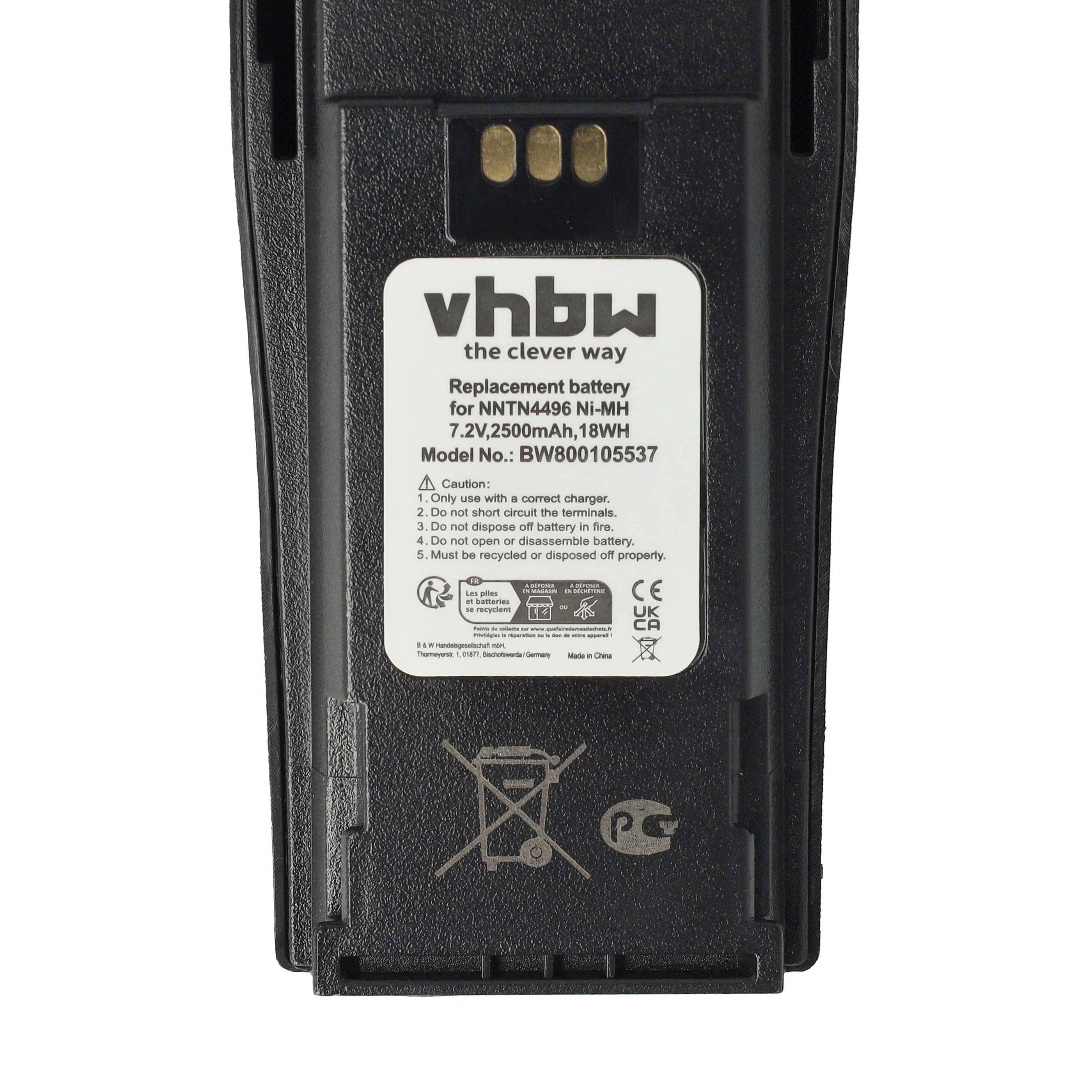 Das Bild zeigt eine vhbw-Batterie mit der Beschriftung, die angibt, dass sie für einen NNTN4496 NiMH, 7,2V, 2500mAh, 18Wh geeignet ist. Modell-Nr.: BWB00015537.