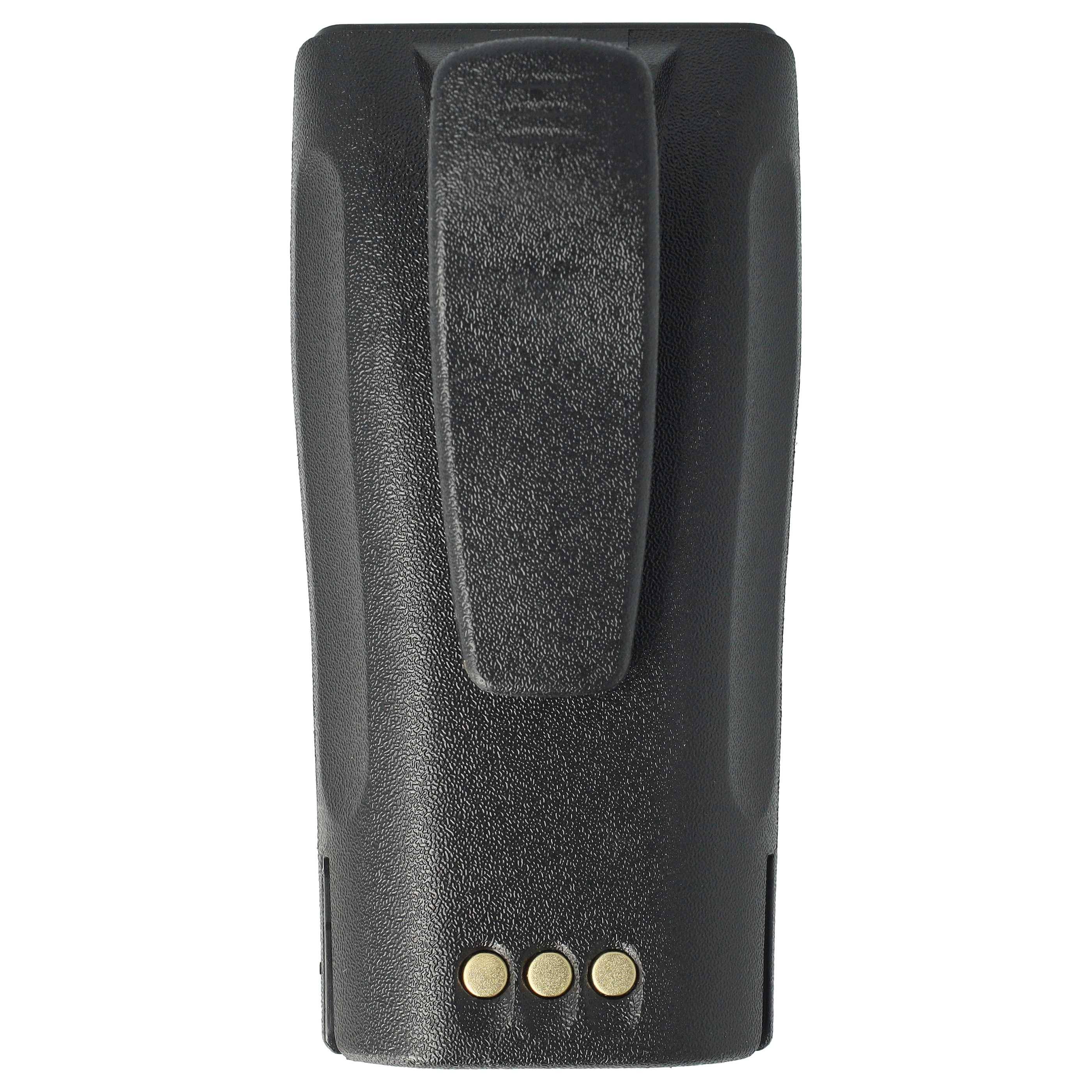 Schwarze Walkie-Talkie-Batterie mit drei goldenen Kontaktpunkten, von hinten betrachtet.