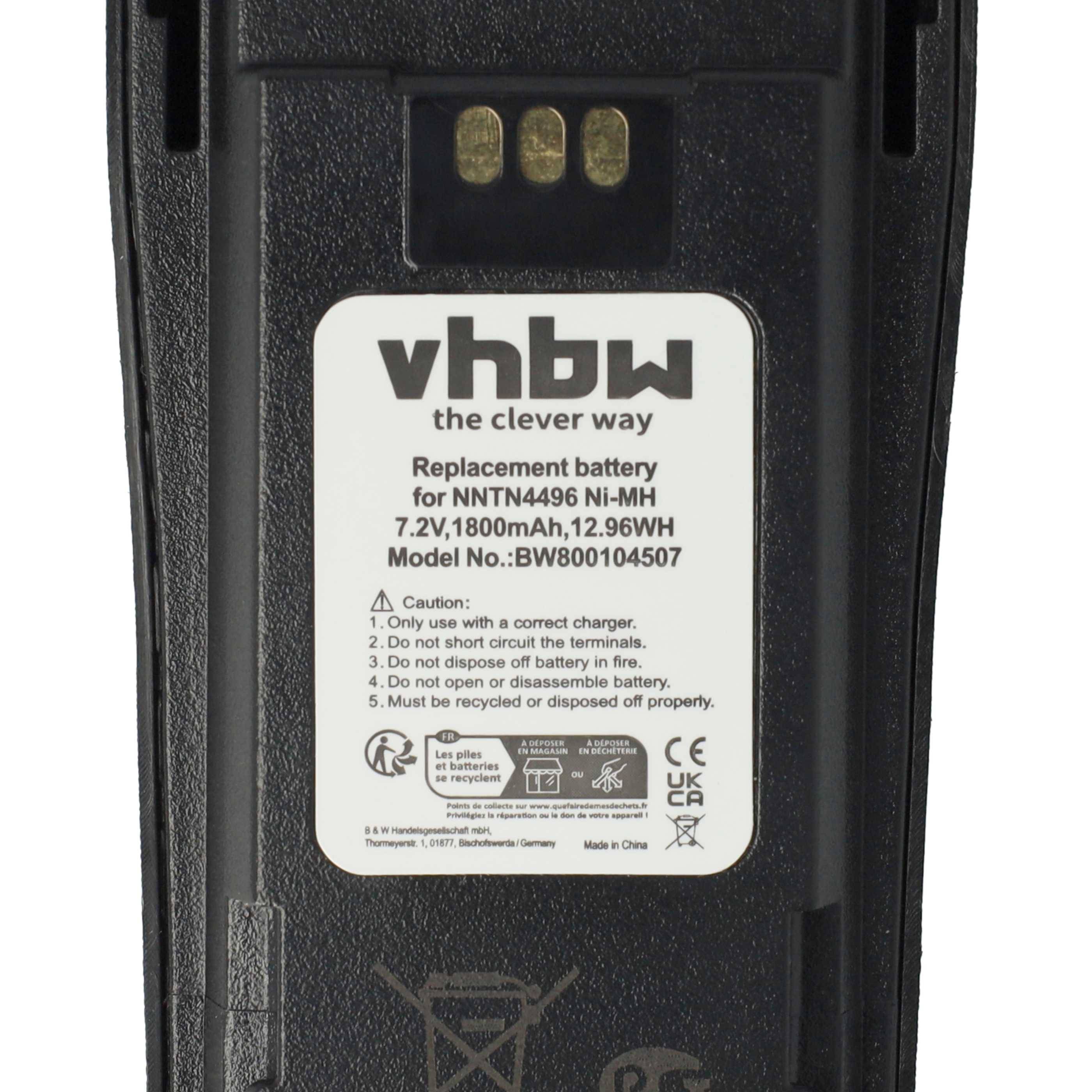 Ersatzbatterie für NNTN4496 Ni-MH mit Spezifikationen: 7,2V, 1800mAh, 12,96Wh. Modell-Nr. BWB00104507. CE- und UKCA-zertifiziert.