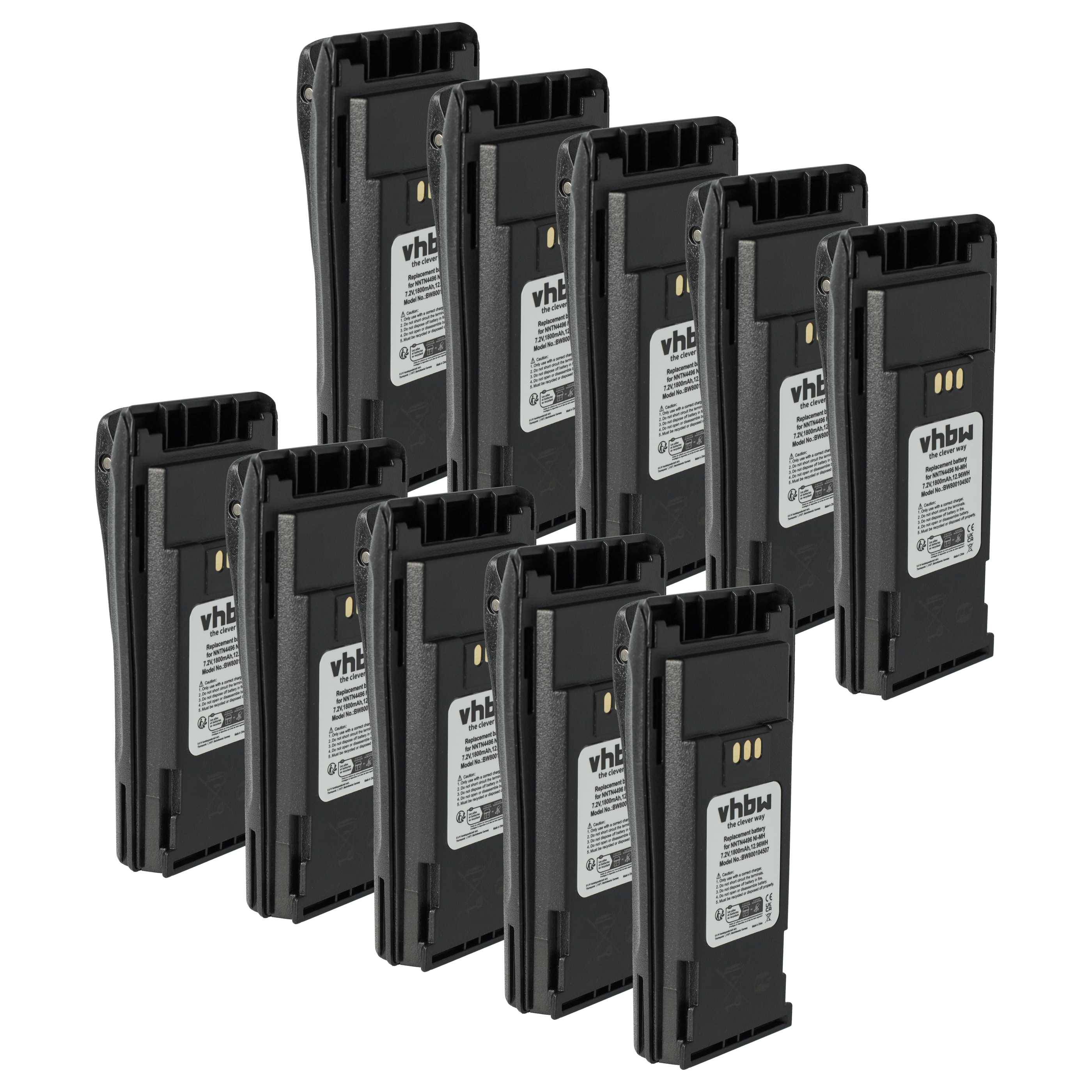 Zehn schwarze rechteckige vhbw Batterien mit sichtbaren Etiketten, in zwei Reihen angeordnet, zum Einsatz in kompatiblen elektronischen Geräten.