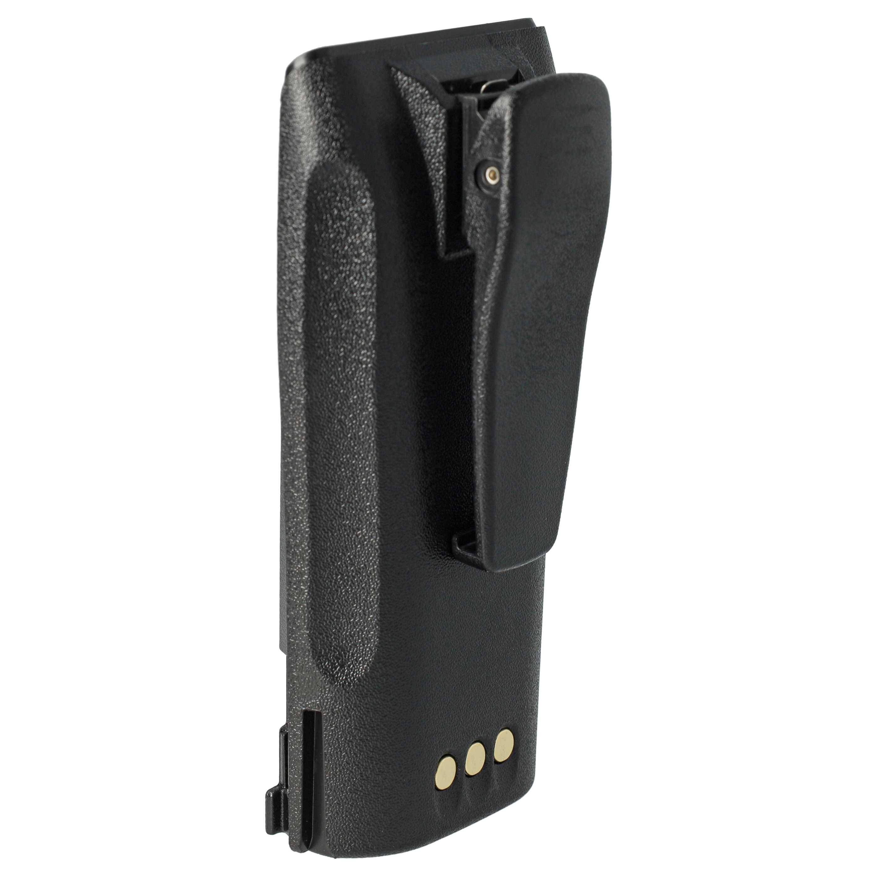Eine schwarze Walkie-Talkie-Batterie mit einer Klammer und drei Metallkontakten, entwickelt für eine sichere Befestigung und Aufladung.