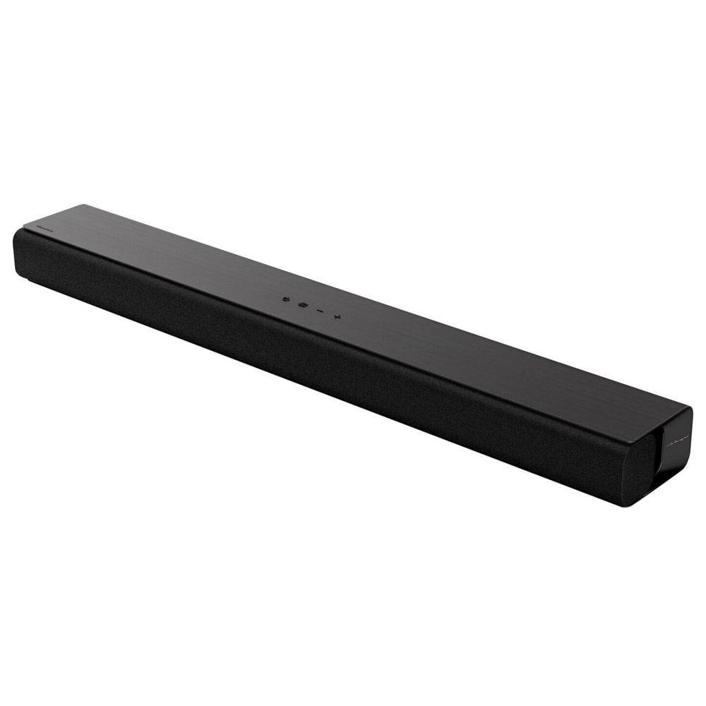 Eine schlanke, schwarze rechteckige Soundbar mit minimalistischem Design, ausgestattet mit Bedienungstasten auf der Oberseite.