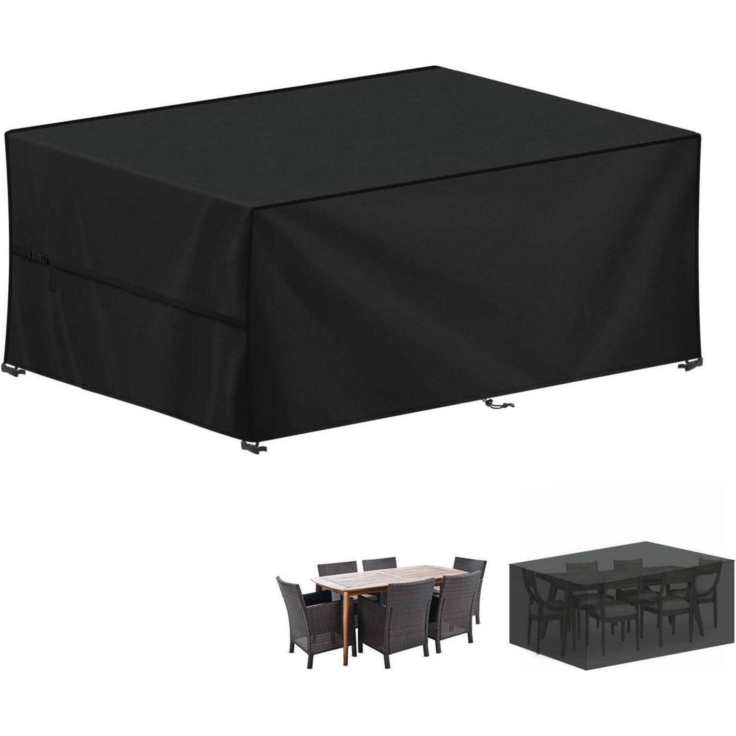 Eine schwarze rechteckige Abdeckung wird gezeigt, die einen Gartentisch und Stuhlset schützt. Ein kleines Bild darunter zeigt die Abdeckung im Einsatz auf der Möbelgruppe.