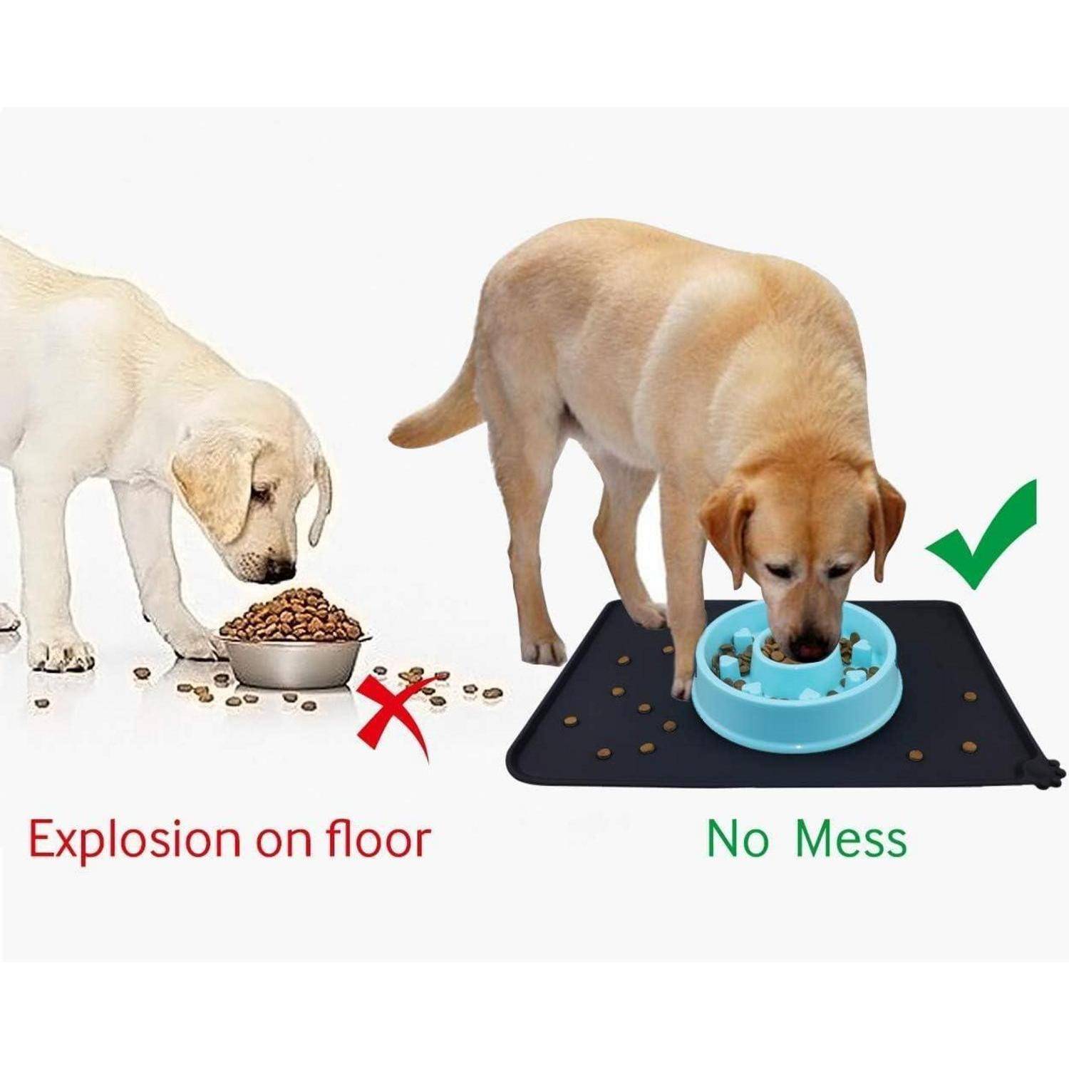 Ein Vergleichsbild, das einen Hund zeigt, der unordentlich aus einer normalen Schüssel frisst und dabei Trockenfutter verschüttet, auf der einen Seite, und einen anderen Hund, der sauber aus einer Slow-Feeder-Schüssel auf einer Matte ohne Unordnung auf der anderen Seite isst.