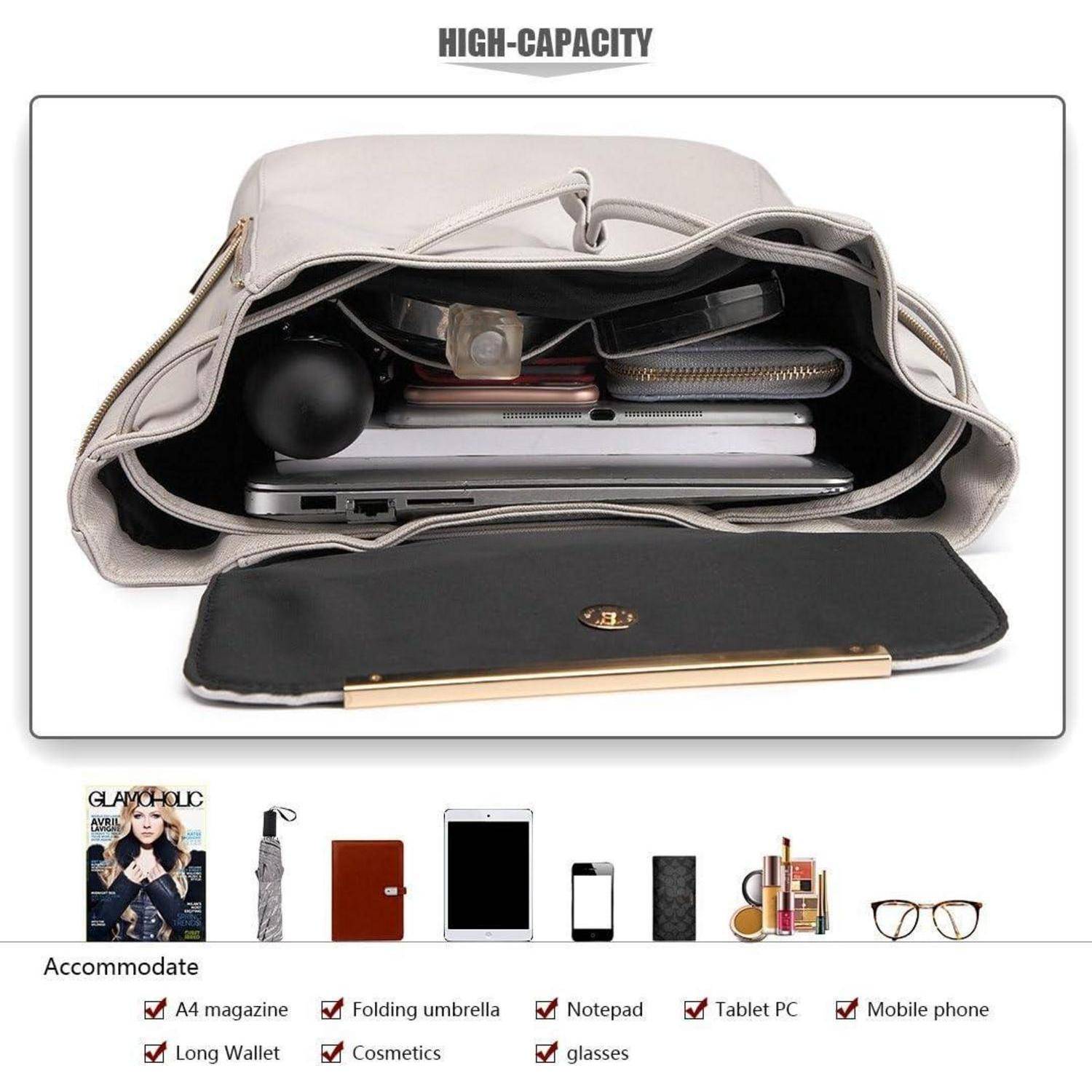 Offene Handtasche mit hoher Kapazität, die Gegenstände wie ein Tablet, Notizbuch, Telefon, Regenschirm und Kosmetika zeigt. Darunter befinden sich Icons für weitere passende Artikel.