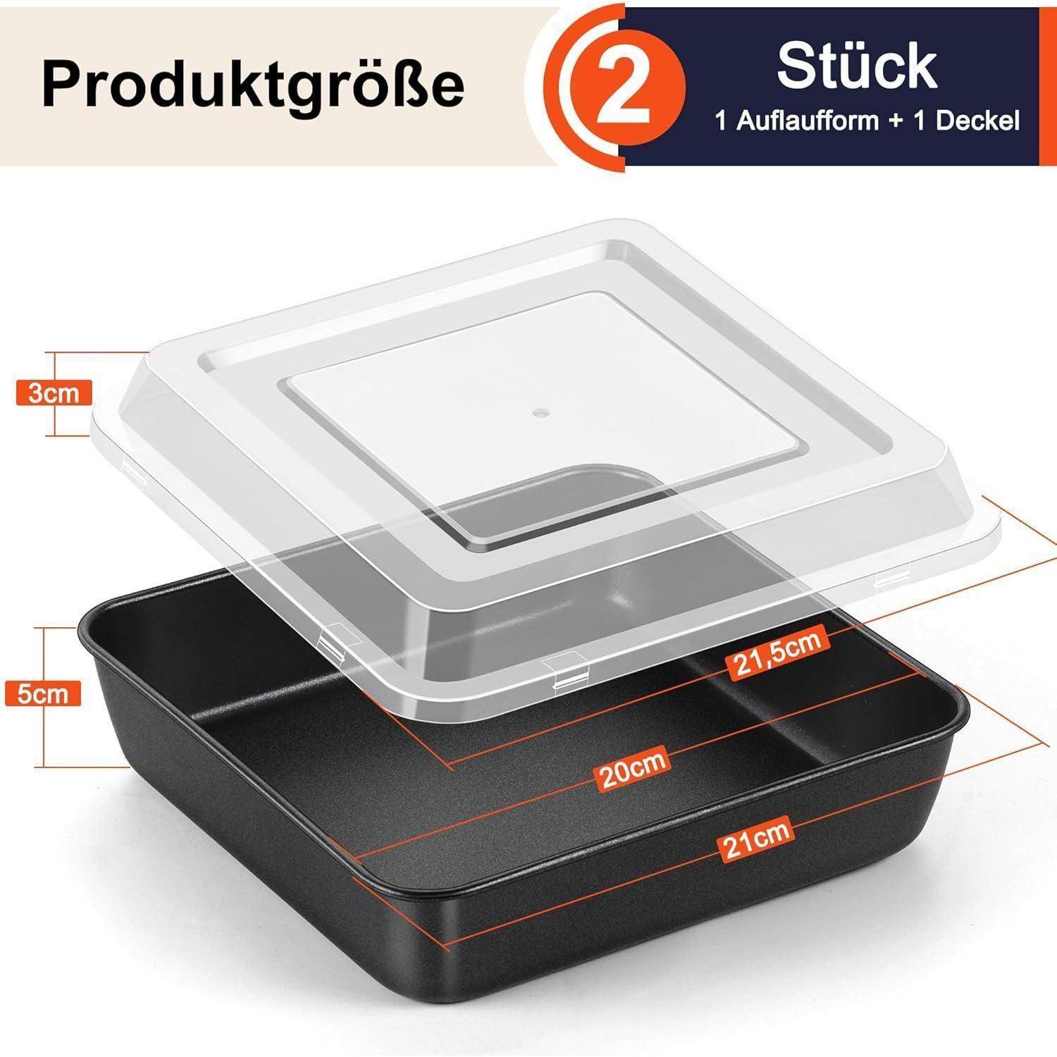 Das 'Produktgröße' beschriftete Bild zeigt eine schwarze Backform mit einem transparenten Deckel, Abmessungen 21 cm x 21,5 cm x 5 cm. Die Packung enthält 1 Backform und 1 Deckel.