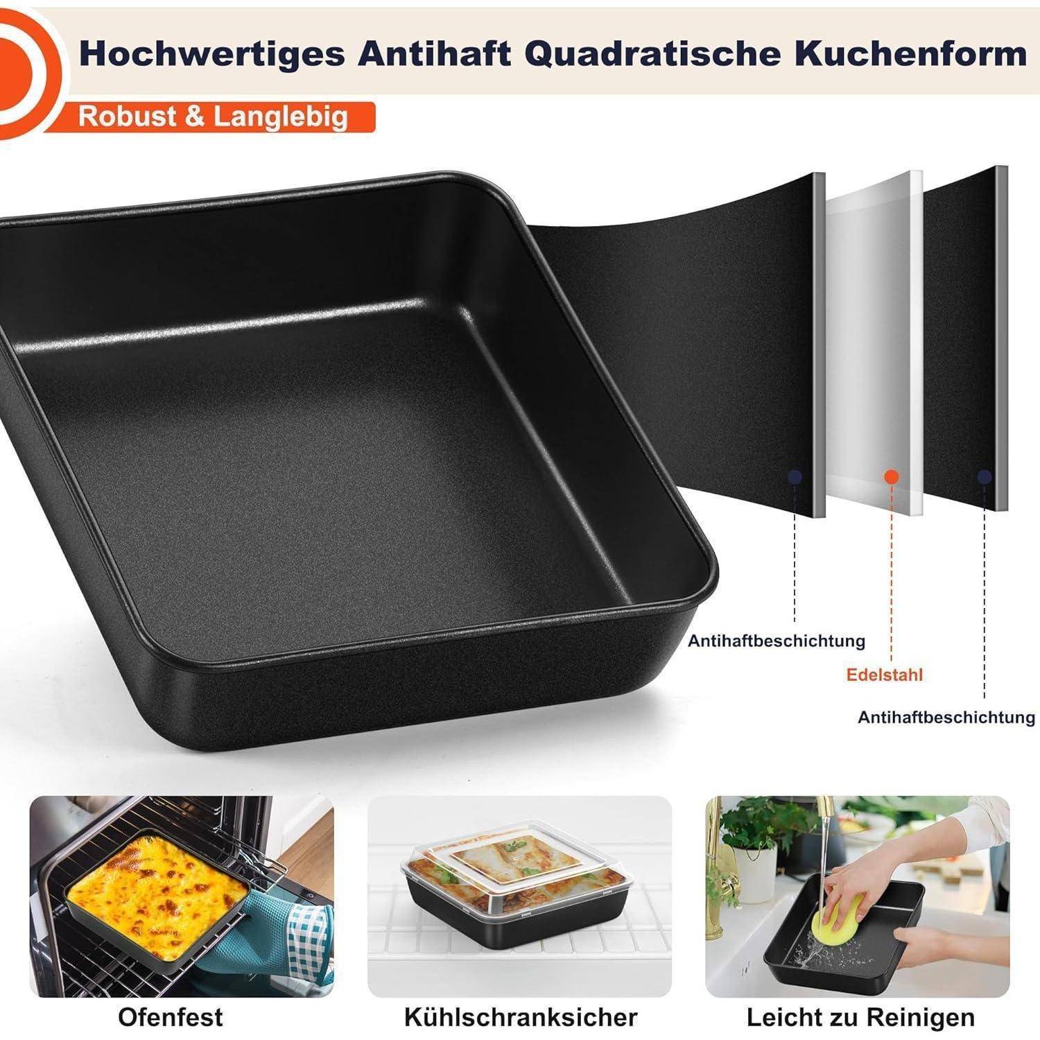 Quadratische schwarze Backform mit Antihaftbeschichtung. Eigenschaften: backofen- und kühlschranktauglich, leicht zu reinigen.
