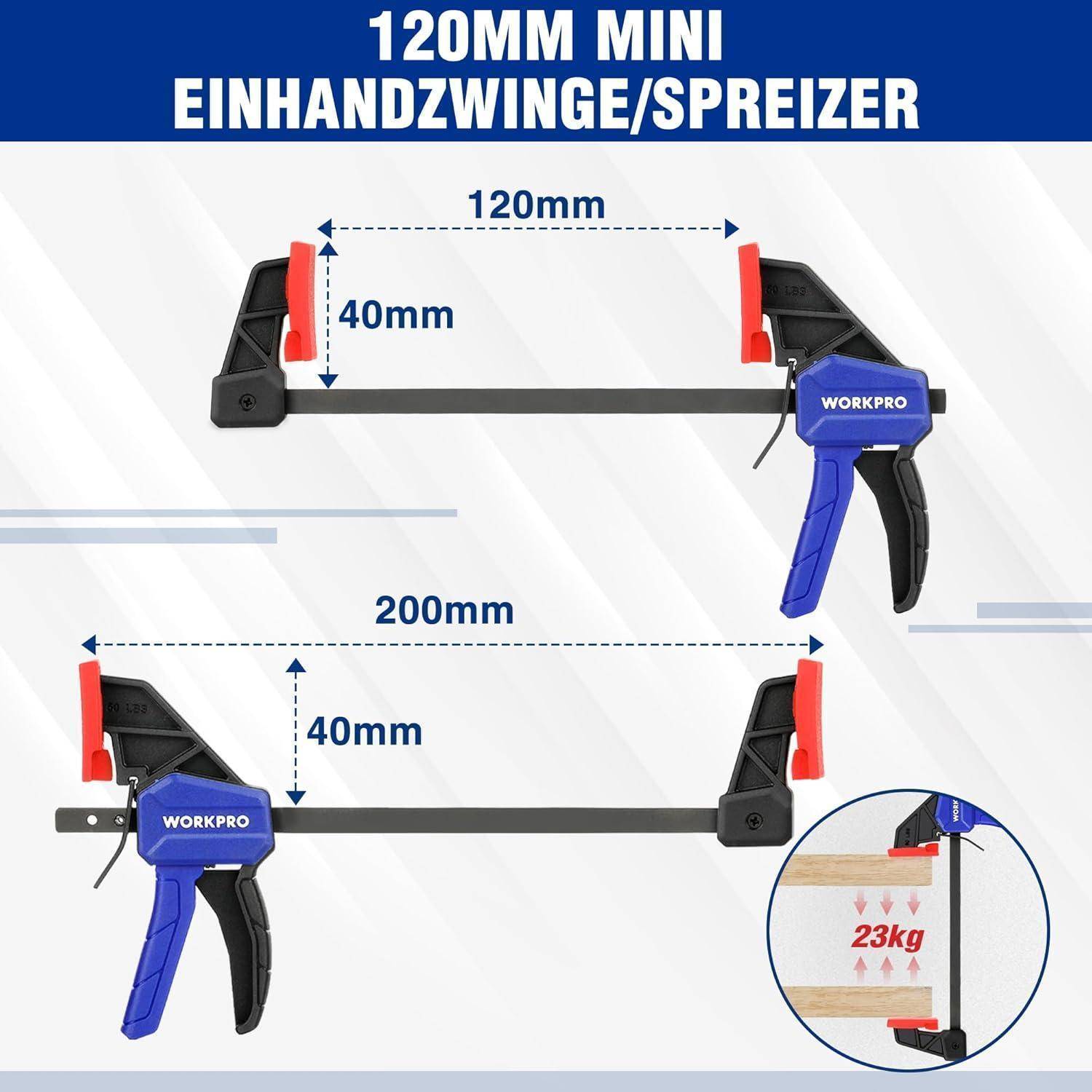 120mm Mini Einhandzwinge/Spreizer' verfügt über zwei Zwingen mit 120mm und 200mm Länge. Die Zwingen haben rote Auflagen und können bis zu 23 kg Druck ausüben.