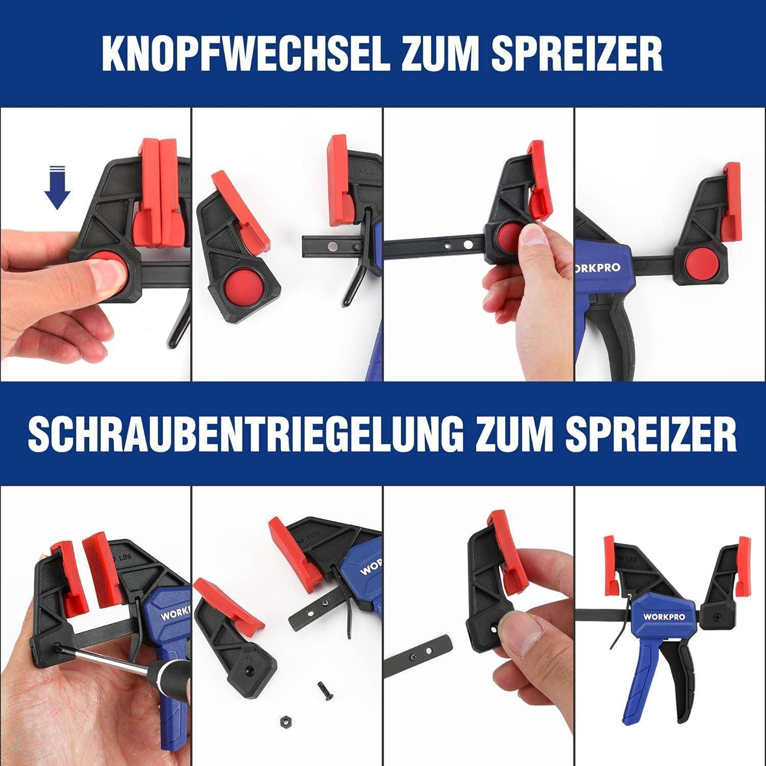 Das Bild zeigt eine Schritt-für-Schritt-Anleitung zum Umwandeln einer Klemme in einen Spreizer mit Fokus auf 'Knopfwechsel zum Spreizer' (Buttonwechsel zum Spreizer) und 'Schraubentriegelung zum Spreizer' (Schraubenentriegelung zum Spreizer).
