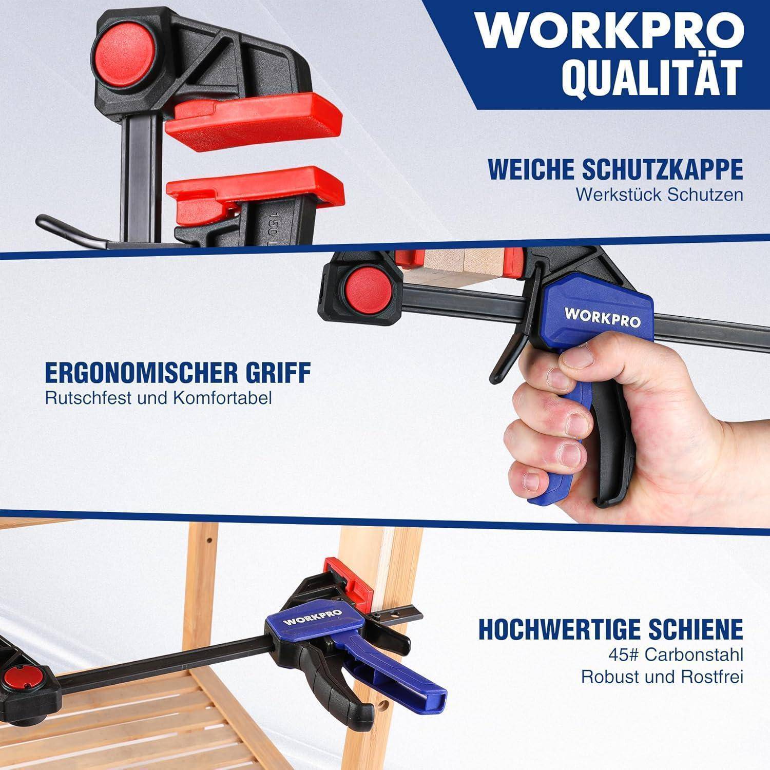 Bild einer Klemme mit roten und schwarzen Elementen. Text liest sich: 'Workpro Qualität', 'Ergonomischer Griff' und 'Hochwertige Schiene'. Eine Hand demonstriert den Griff.