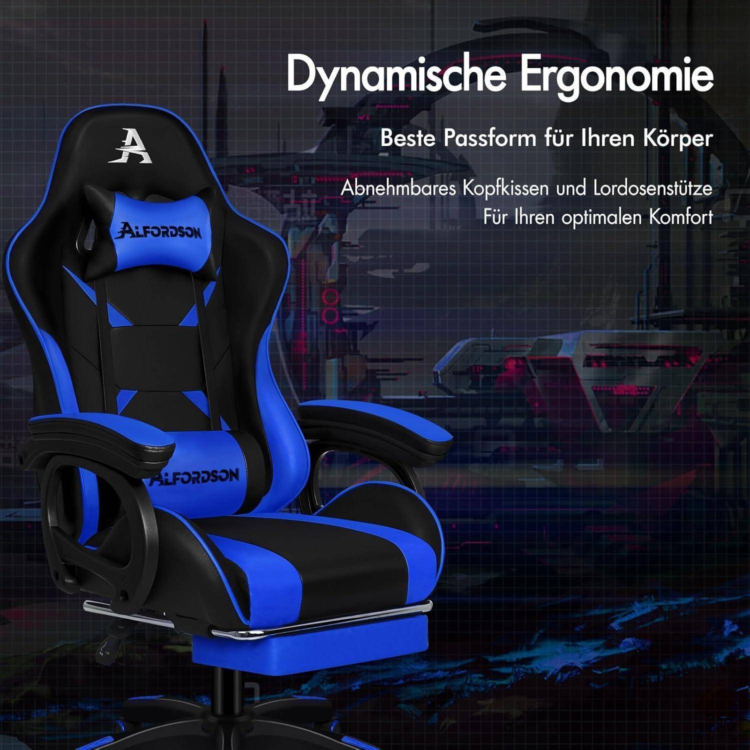 Blauer und schwarzer ergonomischer Gaming-Stuhl mit Text: 'Dynamische Ergonomie'. Bietet verstellbare Kopf- und Lordosenstütze für Komfort.