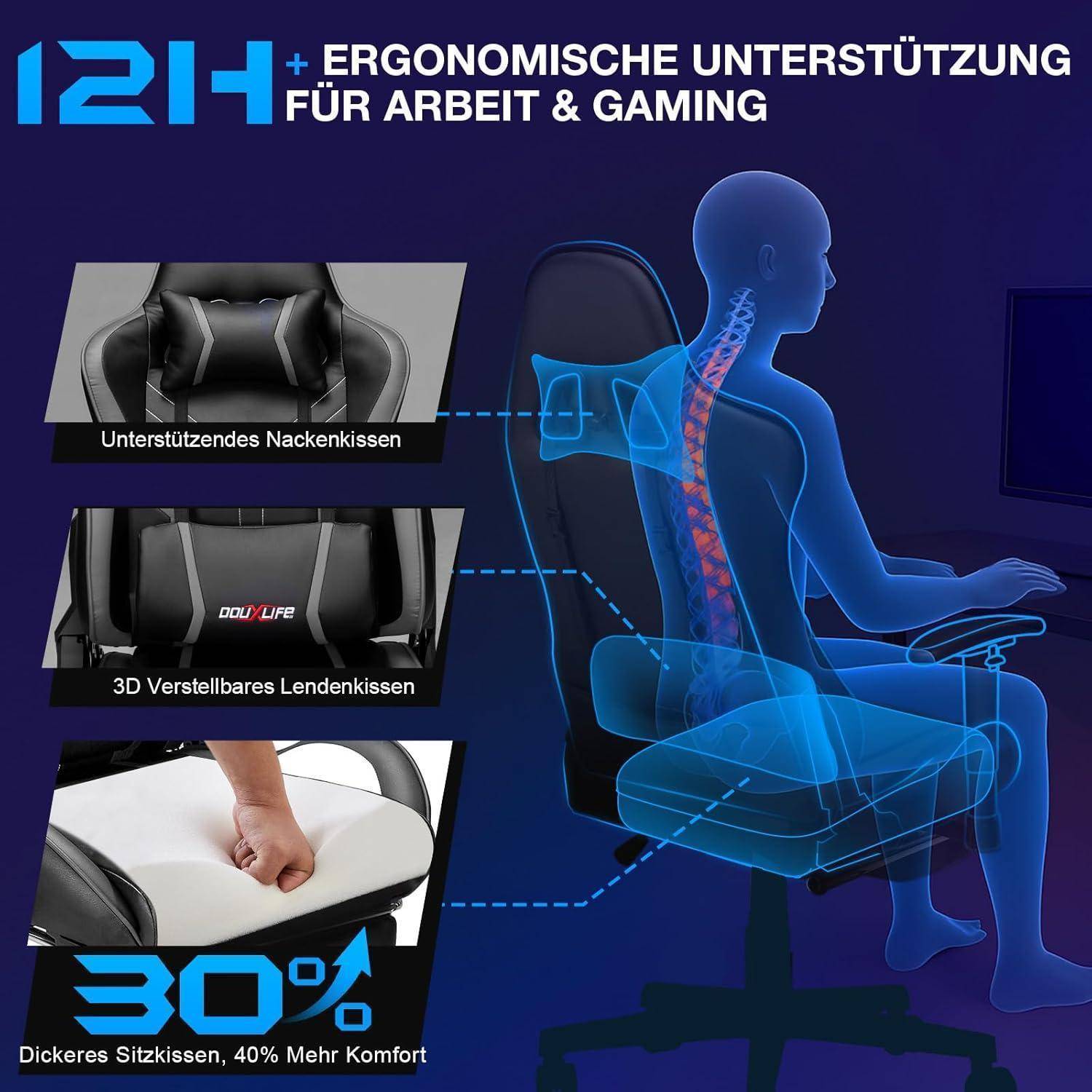 Gaming Stuhl mit 7-Punkt Massage Fußstütze 180KG Bürostuhl Rückenlehne