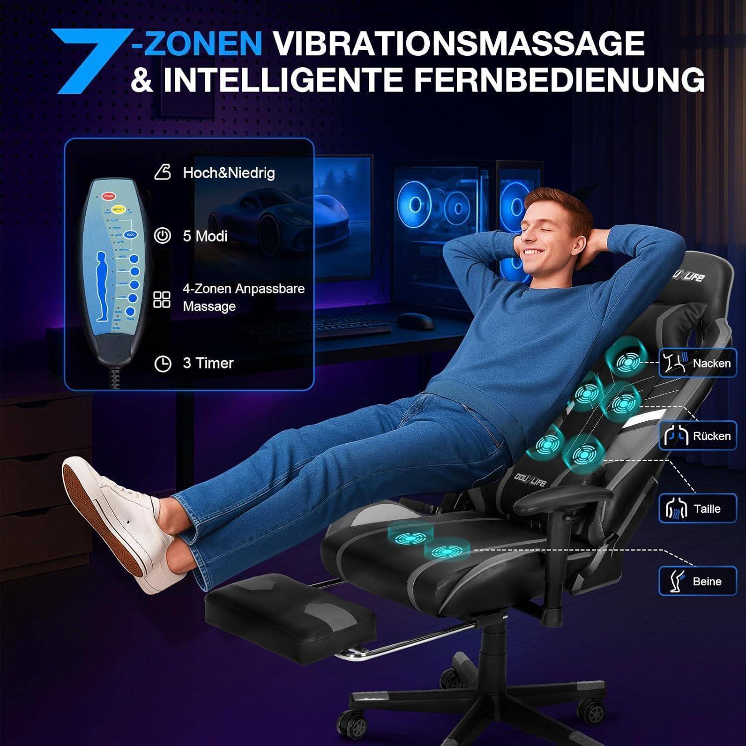 Gaming Stuhl mit 7-Punkt Massage Fußstütze 180KG Bürostuhl Rückenlehne
