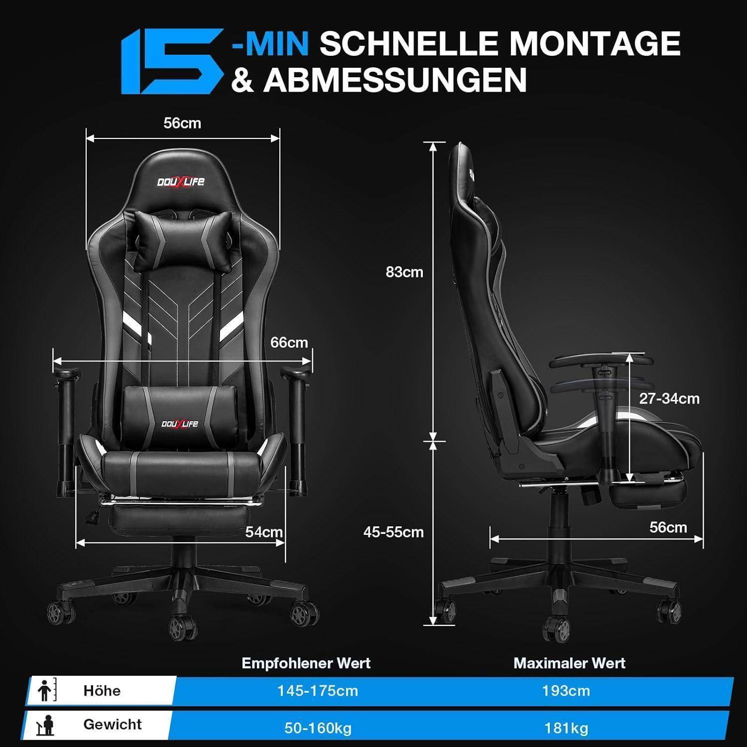 Gaming Stuhl mit 7-Punkt Massage Fußstütze 180KG Bürostuhl Rückenlehne