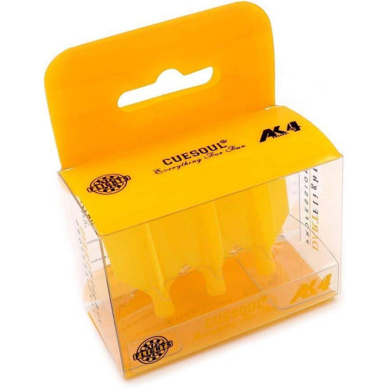 Ein gelber Satz Ersatzflügel für Dartpfeile, verpackt in einer durchsichtigen Box mit orangefarbenem Griff. Der Markenname 'Cuesoul' ist auf der Verpackung sichtbar.