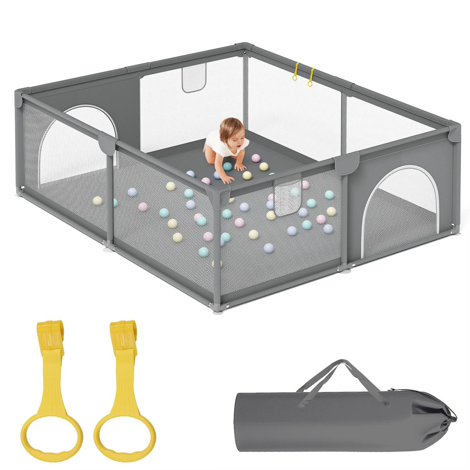 Baby Laufgitter Laufstall Absperrgitter 150x180cm Krabbelgitter mit Rutschfester Basis, atmungsaktivem Netz Sicherheitsspielplatz