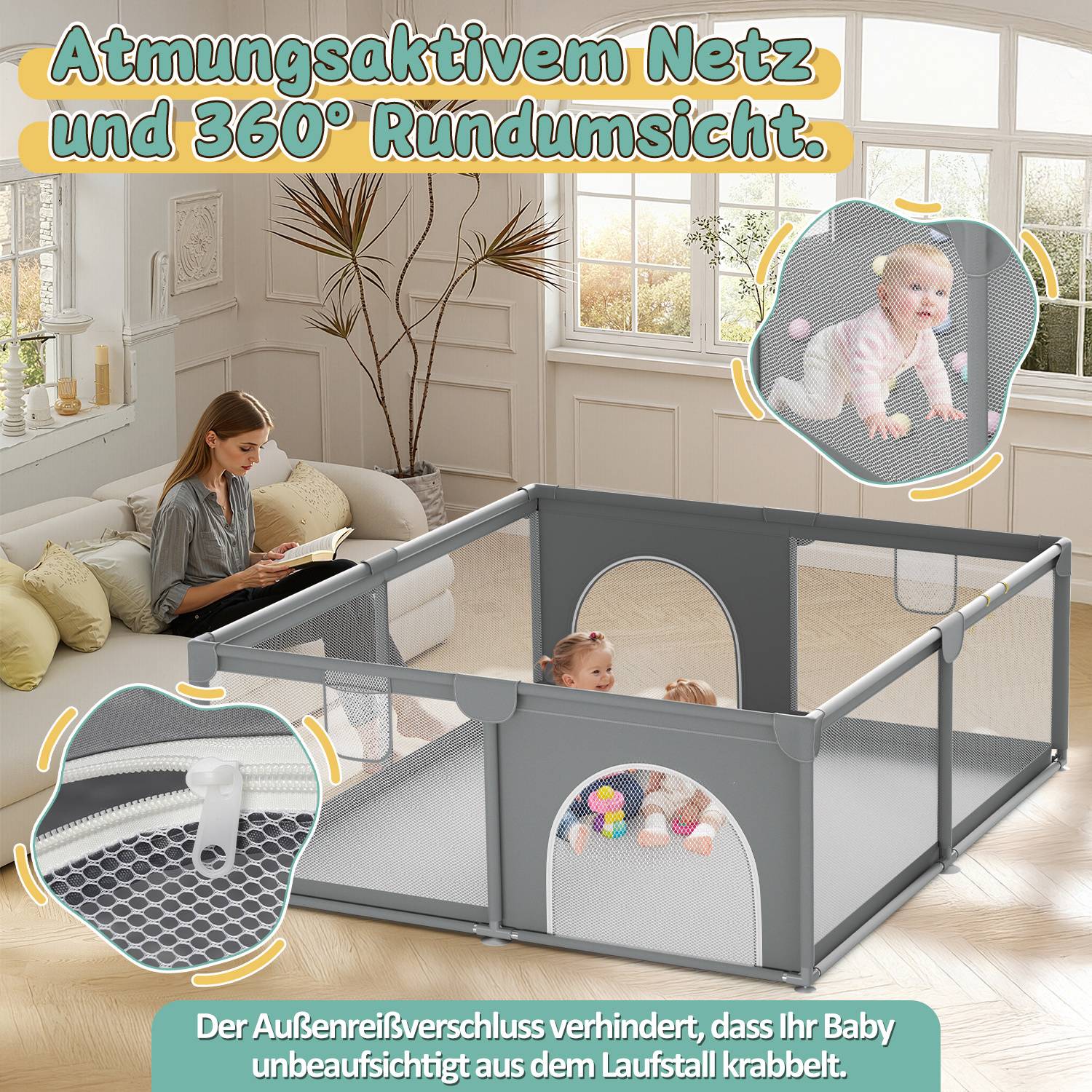Baby Laufgitter Laufstall Absperrgitter 150x180cm Krabbelgitter mit Rutschfester Basis, atmungsaktivem Netz Sicherheitsspielplatz