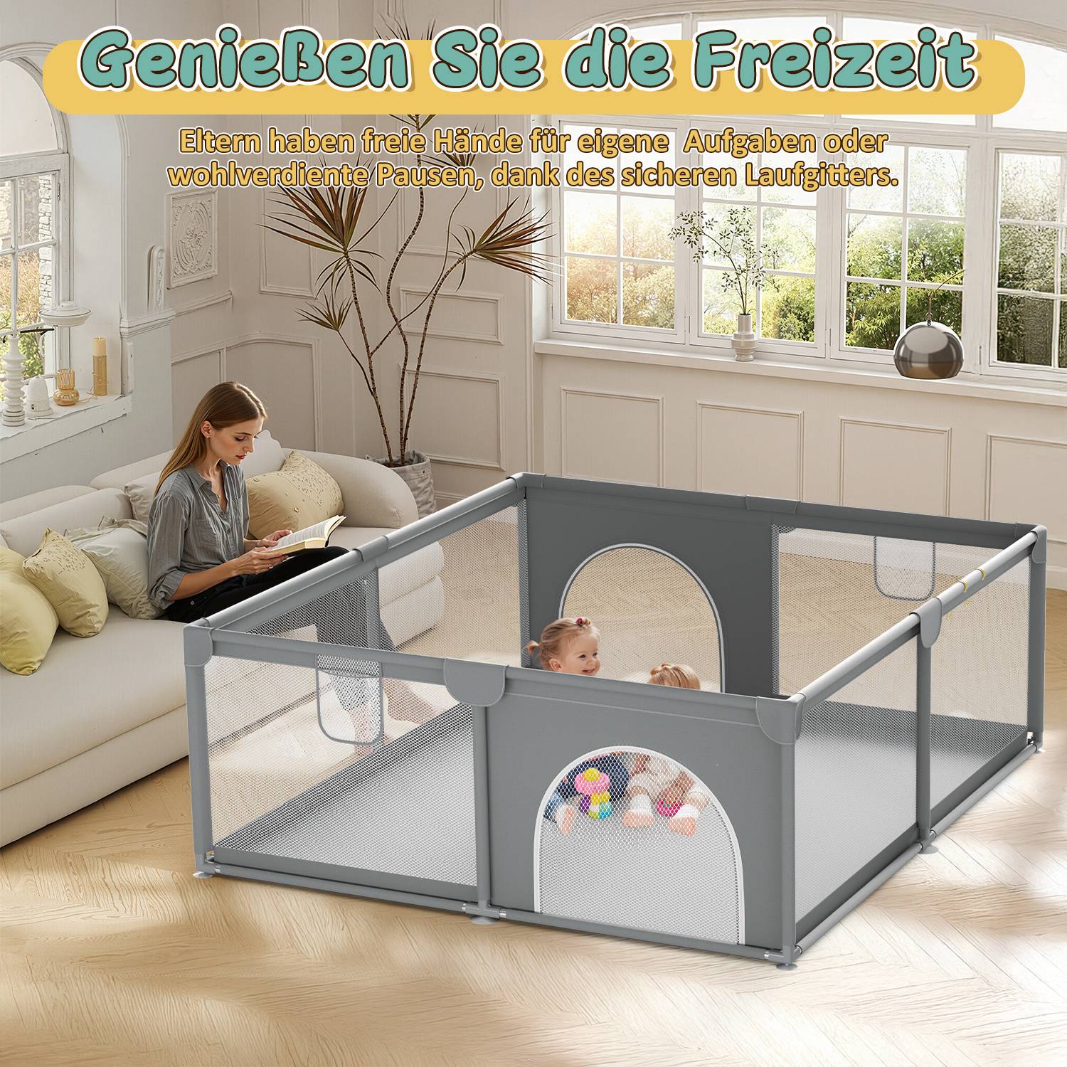 Baby Laufgitter Laufstall Absperrgitter 150x180cm Krabbelgitter mit Rutschfester Basis, atmungsaktivem Netz Sicherheitsspielplatz