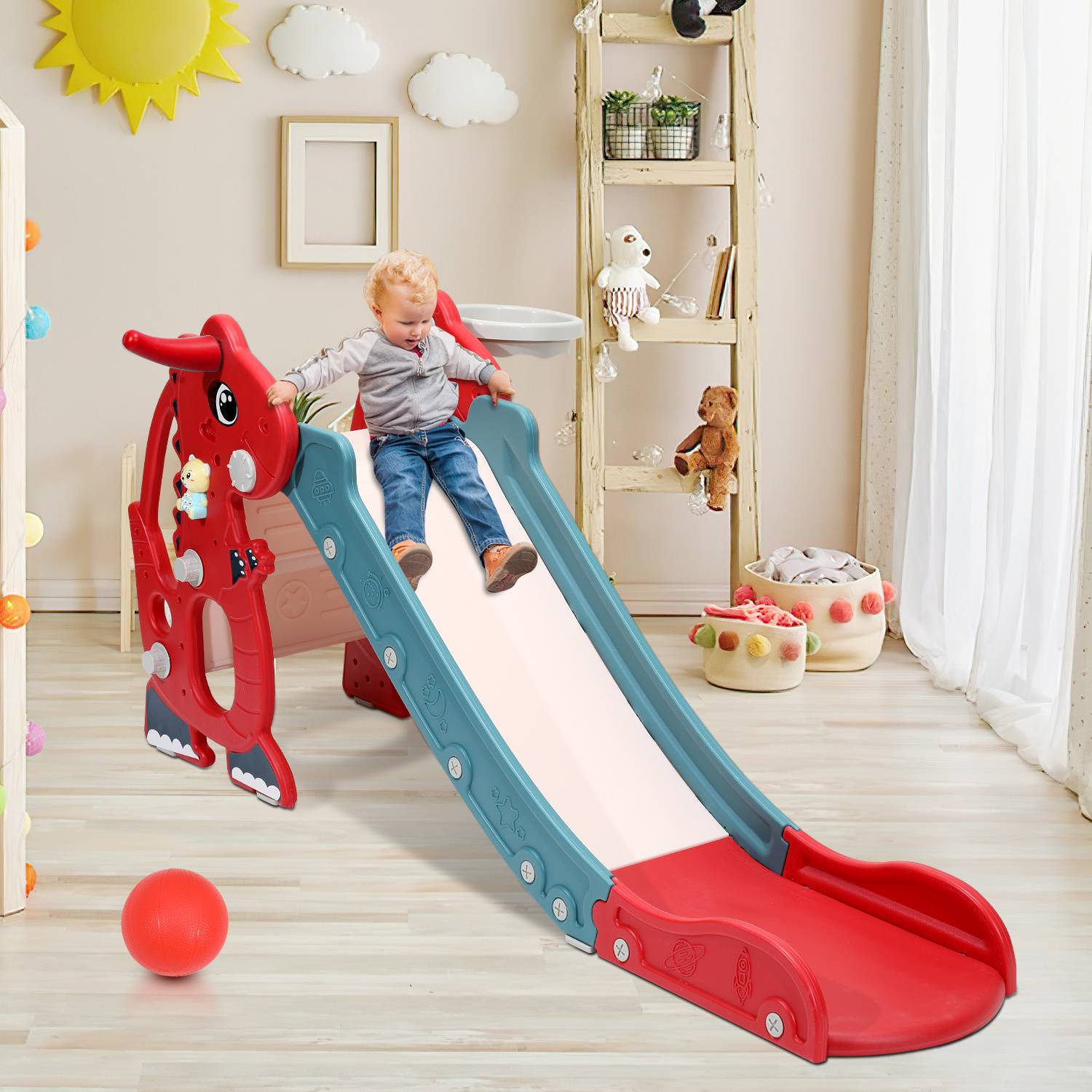 Kinderrutsche 4-in-1 Klappbar Gartenrutsche Spielplatz mit Basketballkorb und Wurfring Englisch-Lerngerät Rot