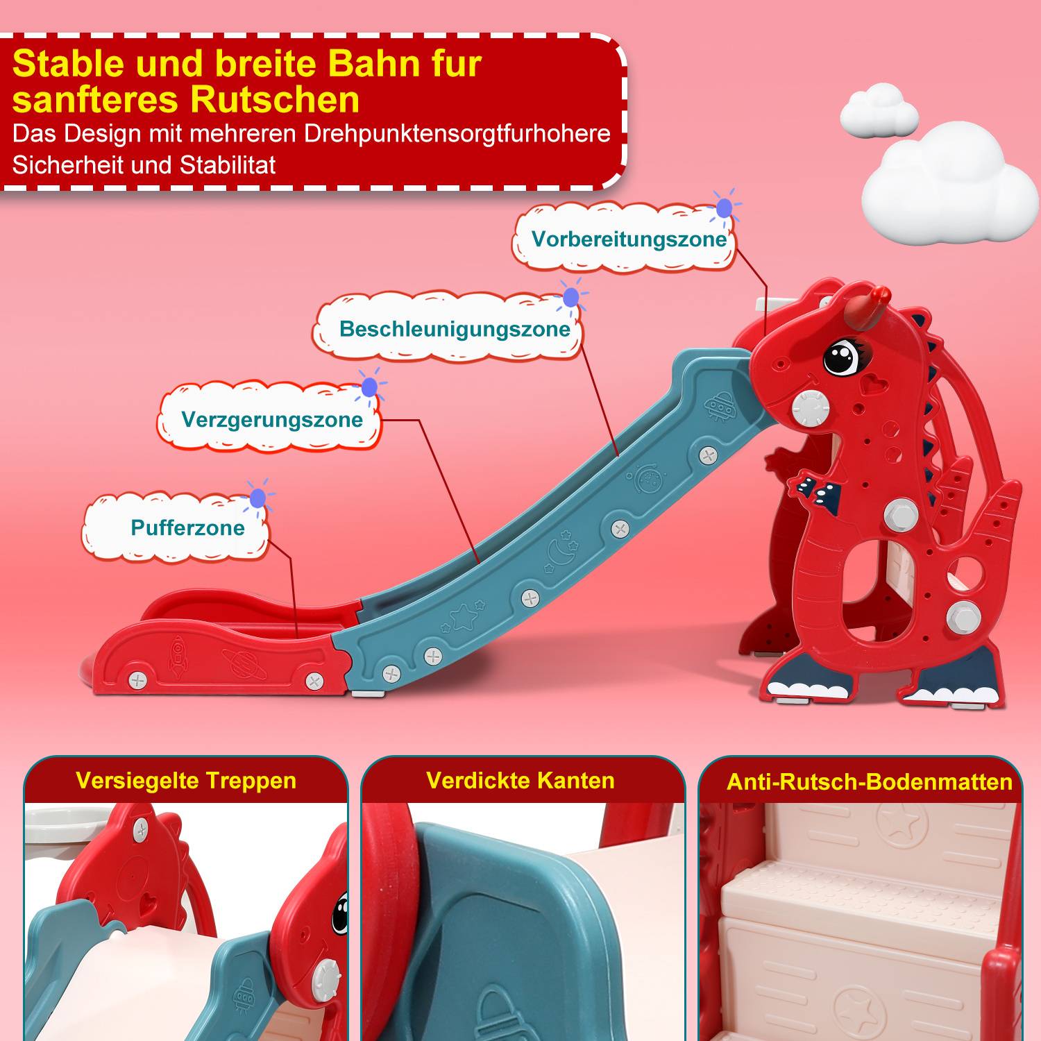 Kinderrutsche 4-in-1 Klappbar Gartenrutsche Spielplatz mit Basketballkorb und Wurfring Englisch-Lerngerät Rot