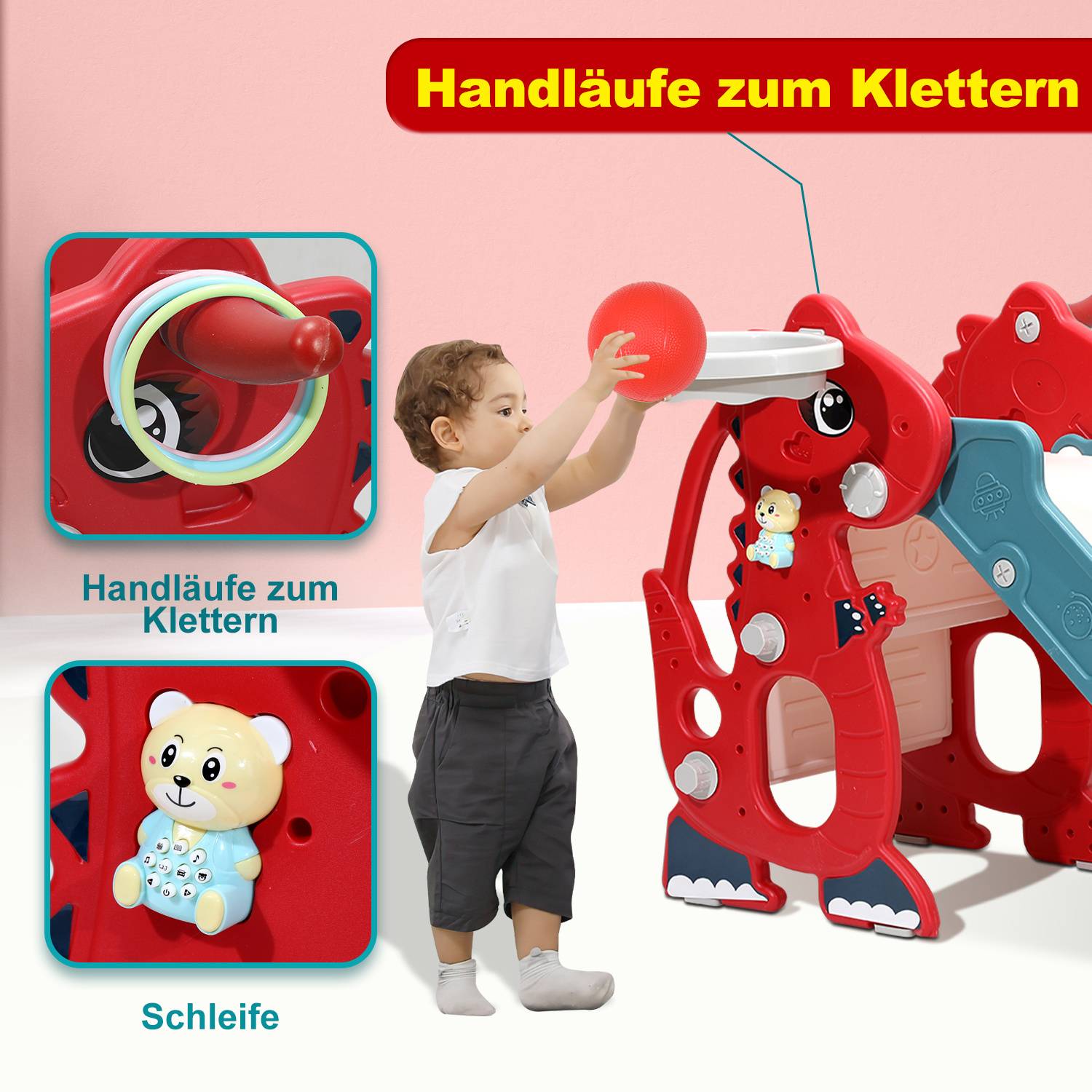 Kinderrutsche 4-in-1 Klappbar Gartenrutsche Spielplatz mit Basketballkorb und Wurfring Englisch-Lerngerät Rot