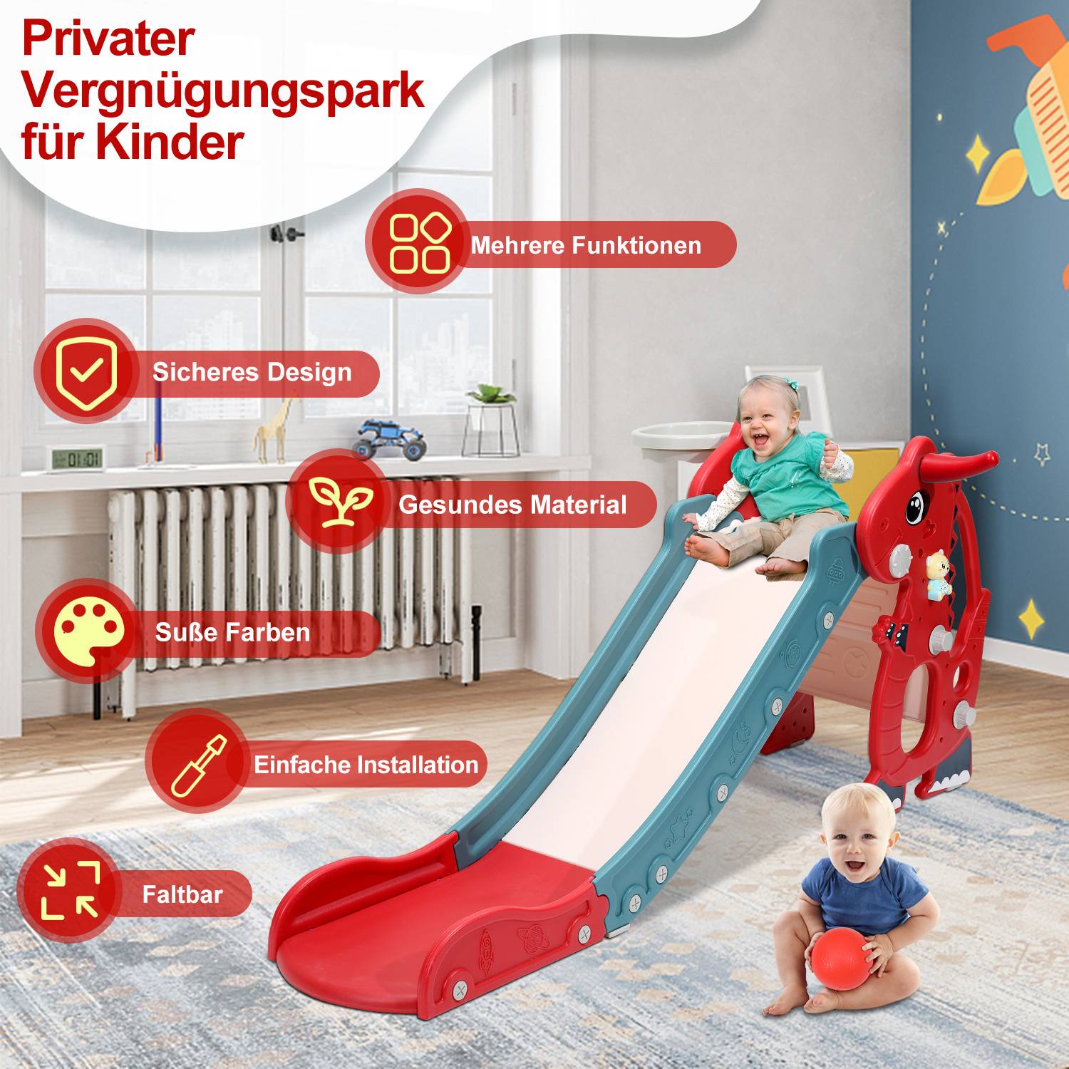 Kinderrutsche 4-in-1 Klappbar Gartenrutsche Spielplatz mit Basketballkorb und Wurfring Englisch-Lerngerät Rot