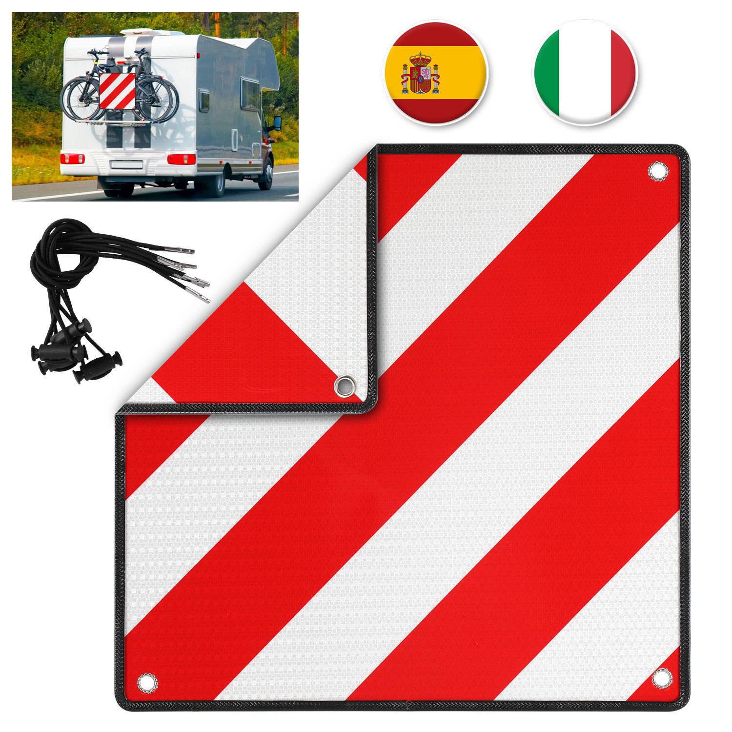 2in1 Warntafel Italien & Spanien 50x50 cm Alu Wendetafel mit Ösen - Reflektierendes Warnschild für Fahrradträger & Heckträger - Zulassung für üb