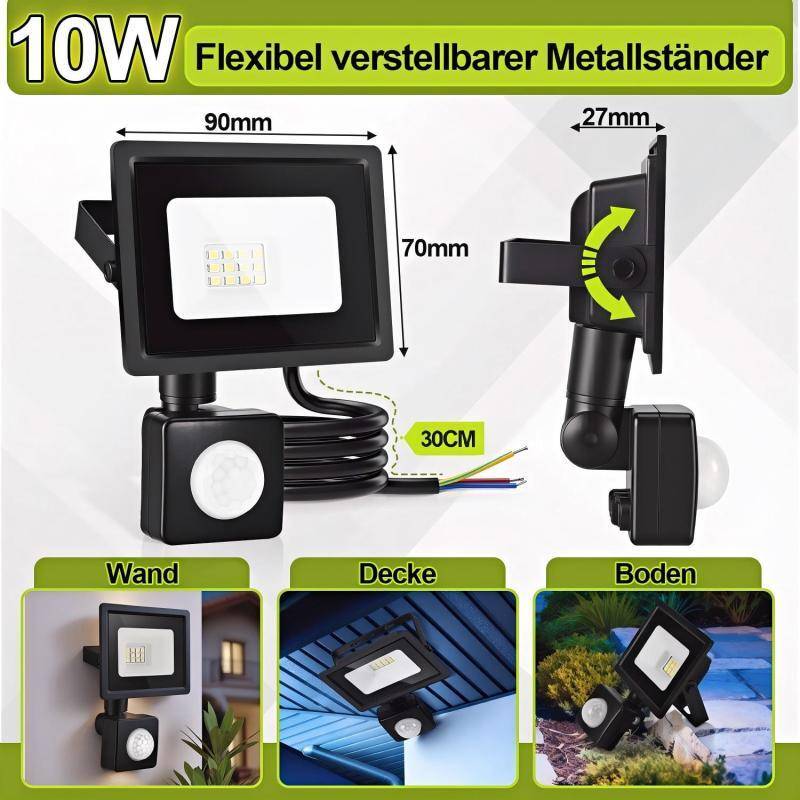 4X 10W LED Strahler mit Bewegungsmelder, 6000K Kaltweiß Außenbeleuchtung Scheinwerfer