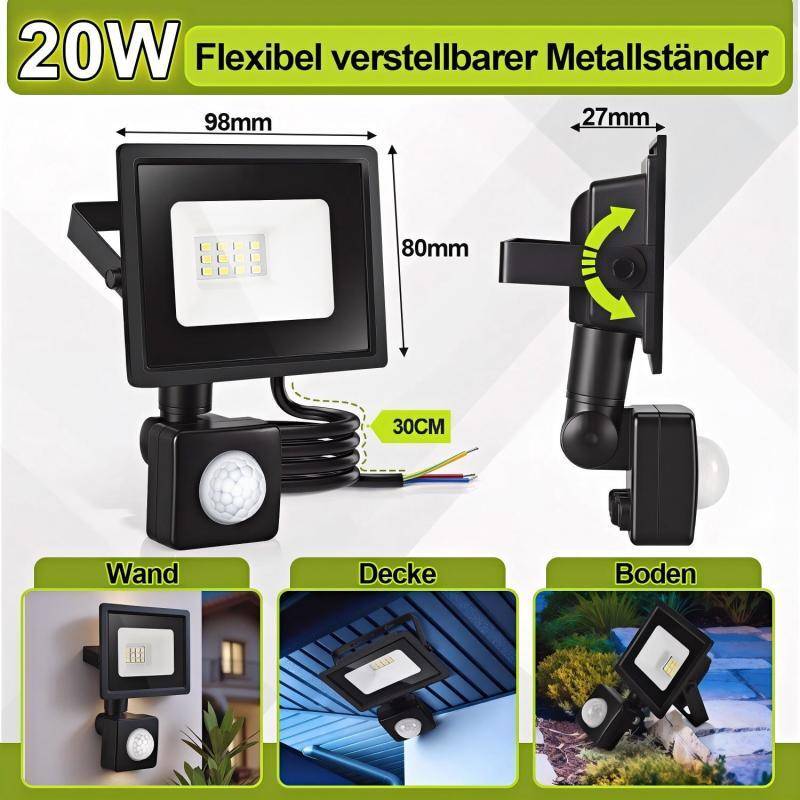 4X 20W LED Strahler mit Bewegungsmelder, 6000K Kaltweiß Außenbeleuchtung Scheinwerfer