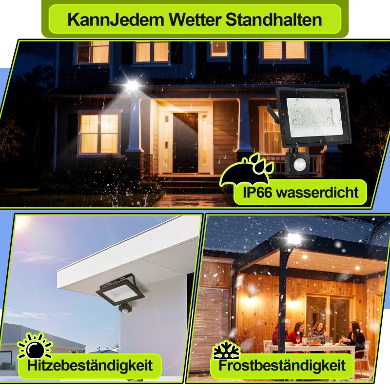 LED Strahler mit Bewegungsmelder 4X 50W, IP65 Wasserdicht, Gartenstrahler, 6000K LED Fluter