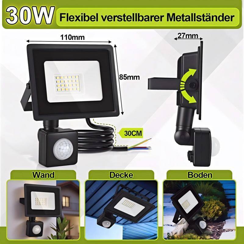 LED Fluter mit Bewegungssensor 30W Außenbeleuchtung Scheinwerfer Strahler Kaltweiß