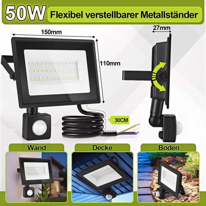 LED Fluter mit Bewegungssensor 50W Außenbeleuchtung Scheinwerfer Strahler Kaltweiß