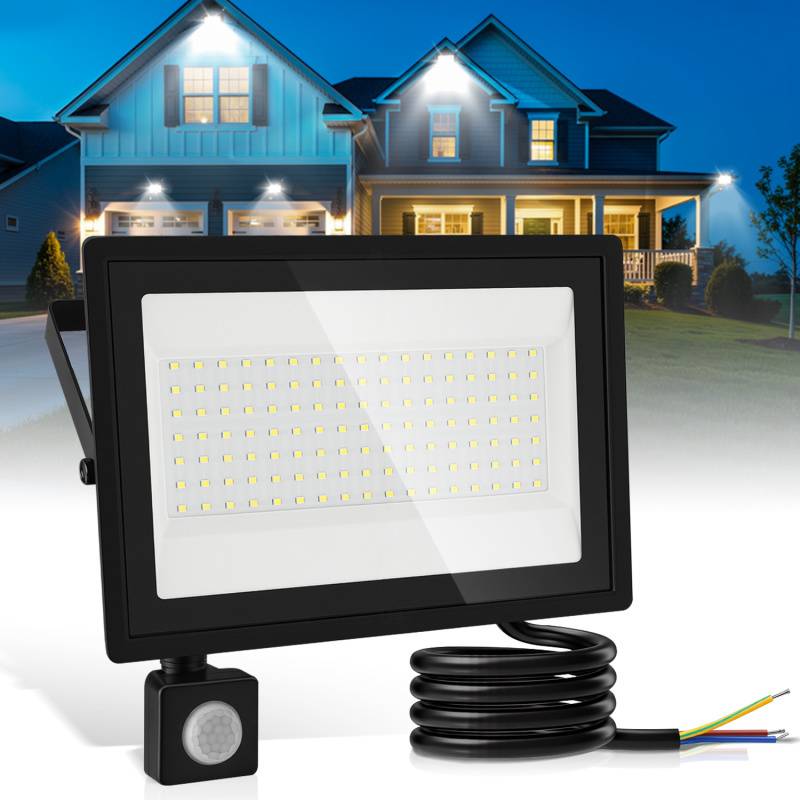 100W LED Strahler mit Bewegungsmelder, 6000K Kaltweiß Außenbeleuchtung Scheinwerfer
