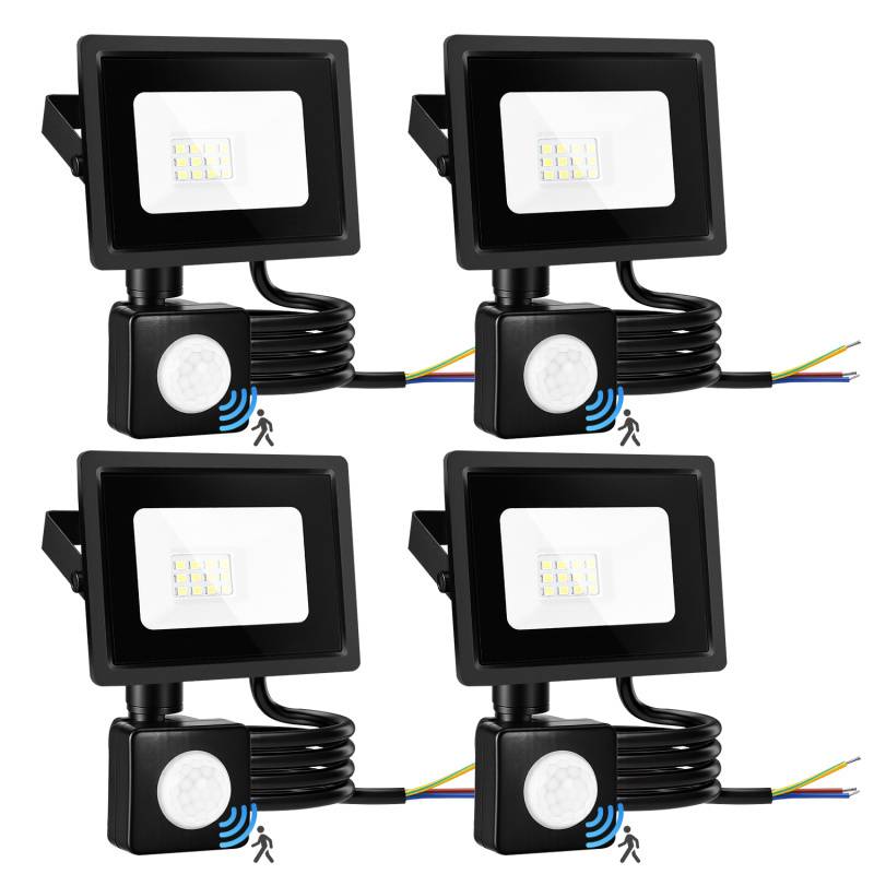 4X 10W LED Strahler mit Bewegungsmelder, 6000K Kaltweiß Außenbeleuchtung Scheinwerfer