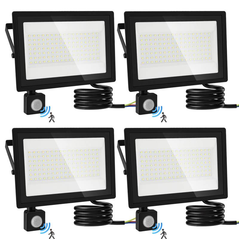 LED Fluter mit Bewegungssensor 4X 100W Außenbeleuchtung Scheinwerfer Strahler Kaltweiß