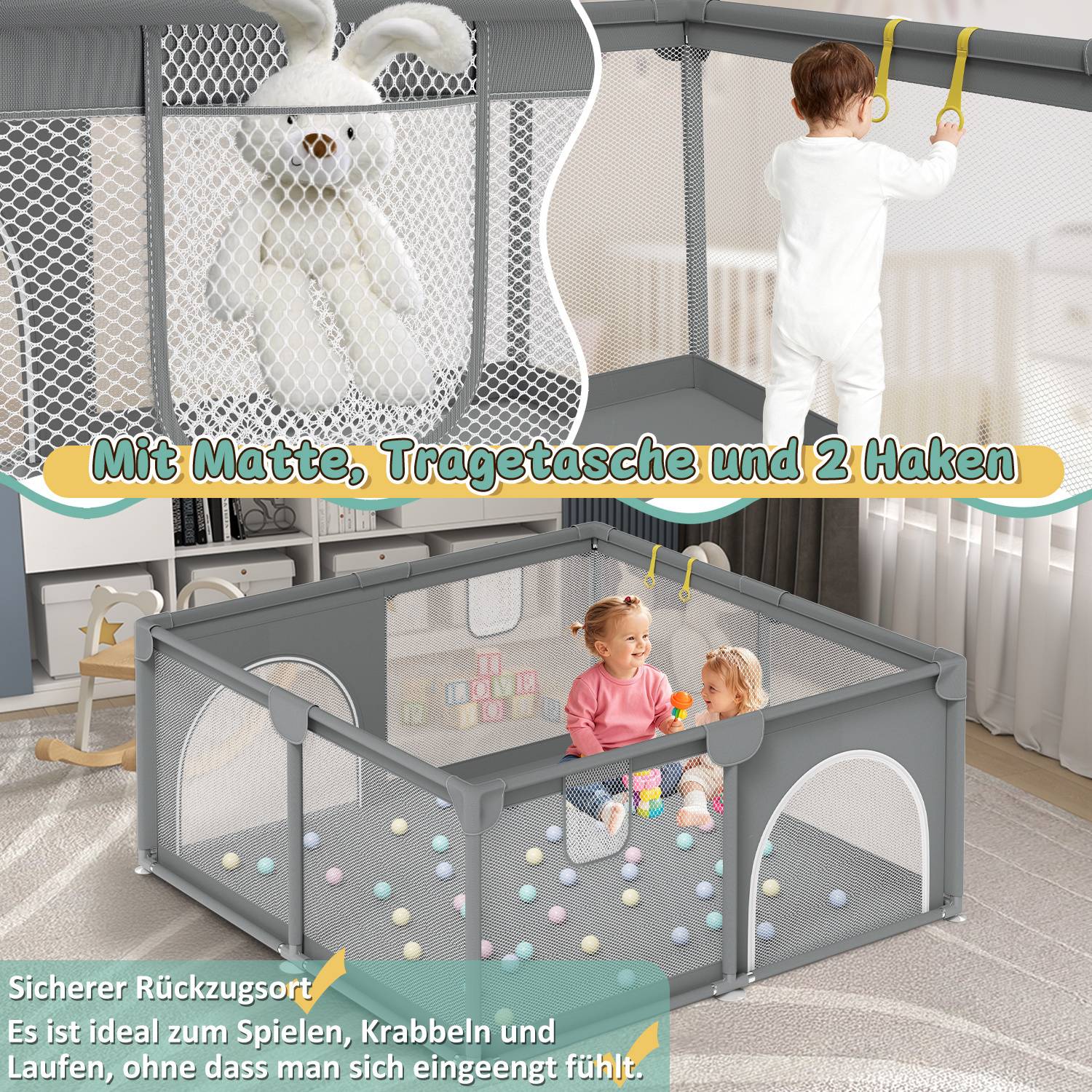 Baby Laufgitter Laufstall Absperrgitter 130x130cm Krabbelgitter mit Rutschfester Basis, atmungsaktivem Netz Sicherheitsspielplatz