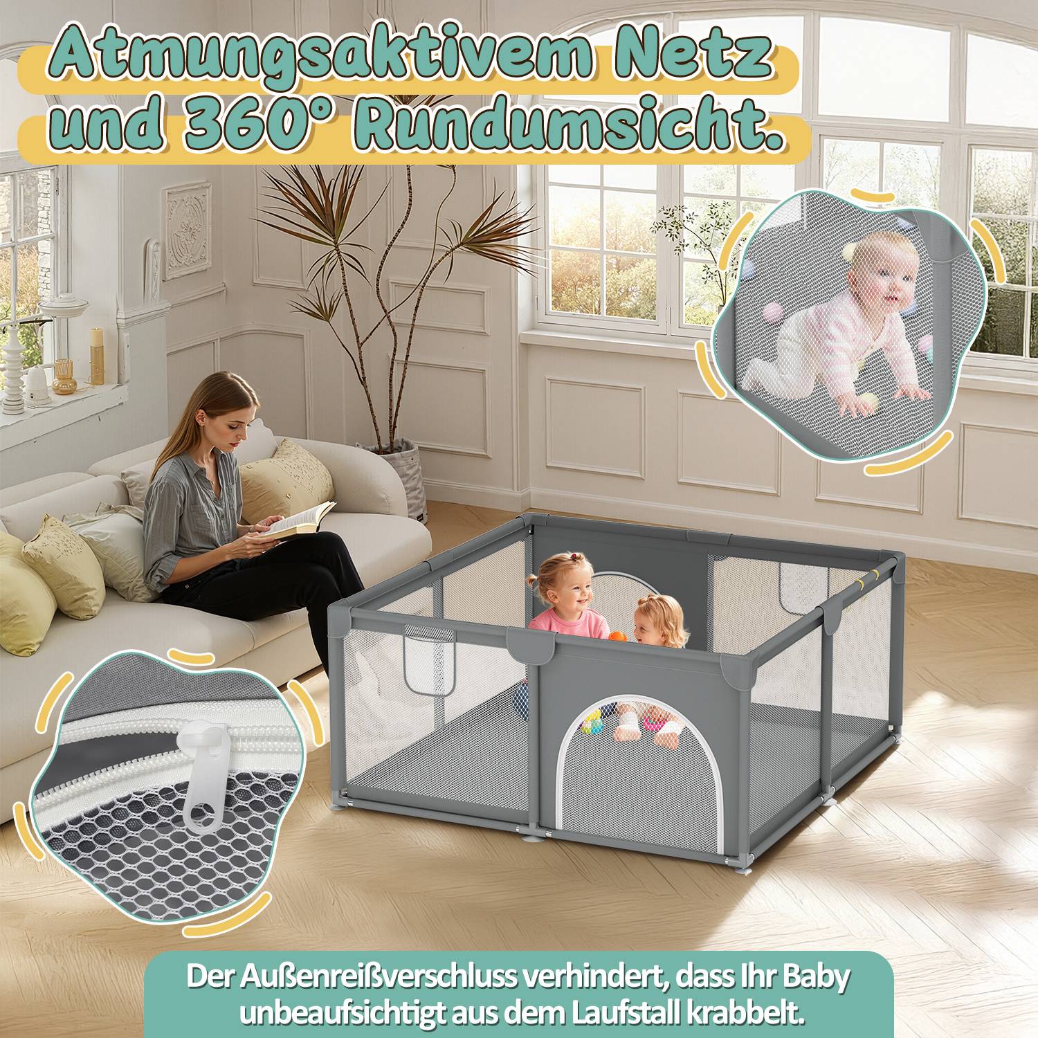 Baby Laufgitter Laufstall Absperrgitter 130x130cm Krabbelgitter mit Rutschfester Basis, atmungsaktivem Netz Sicherheitsspielplatz