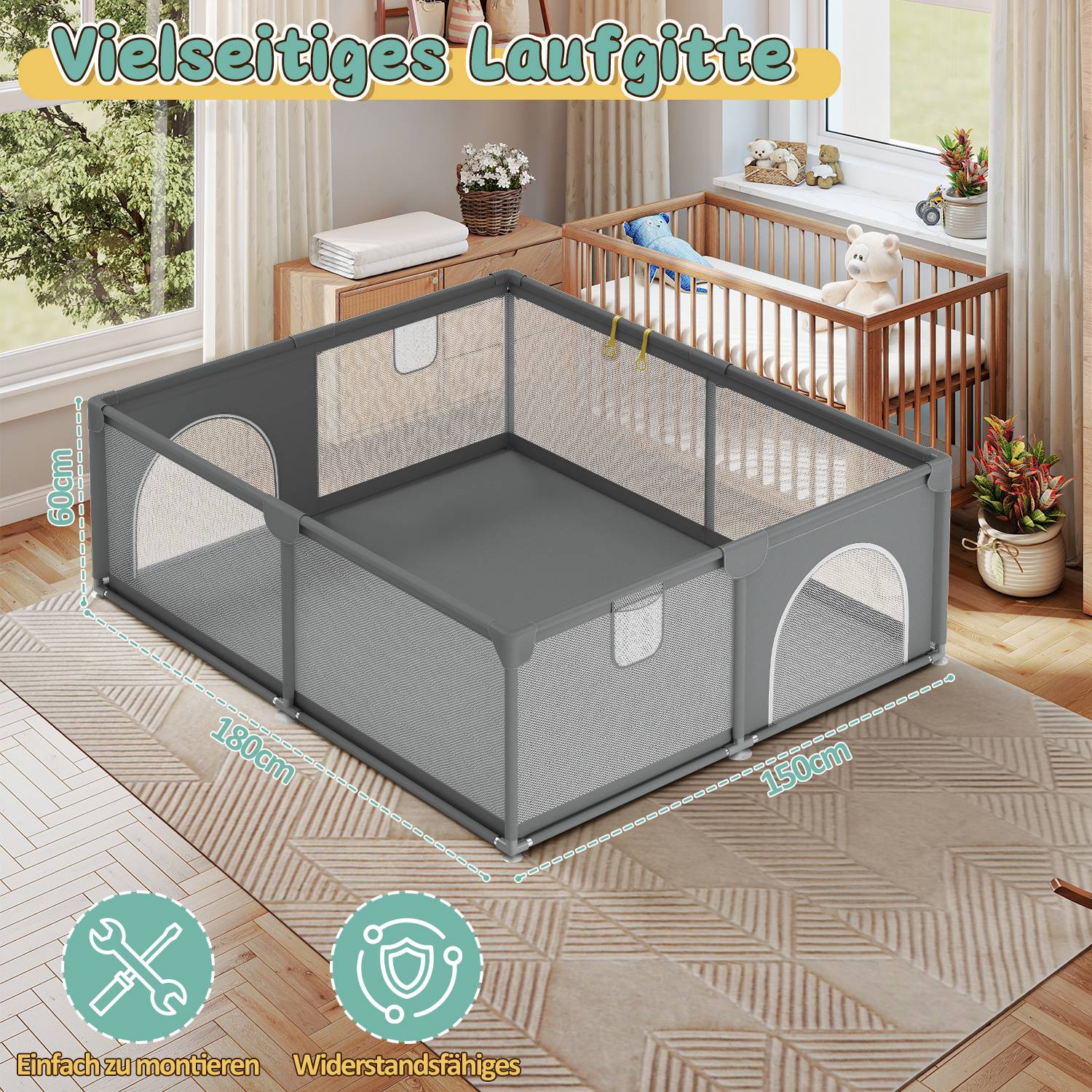 Baby Laufgitter Laufstall Absperrgitter 150x180cm Krabbelgitter mit Rutschfester Basis, atmungsaktivem Netz Sicherheitsspielplatz