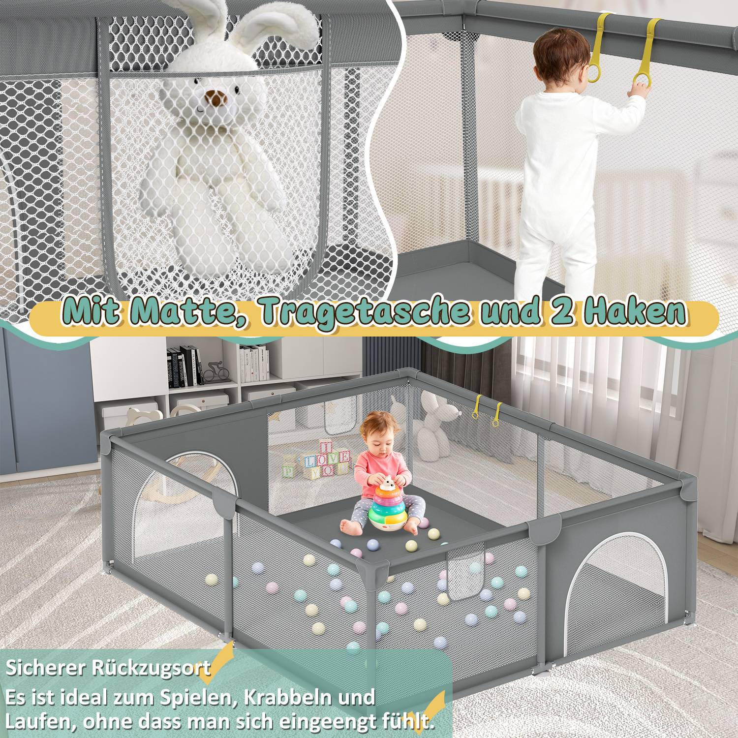 Baby Laufgitter Laufstall Absperrgitter 150x180cm Krabbelgitter mit Rutschfester Basis, atmungsaktivem Netz Sicherheitsspielplatz