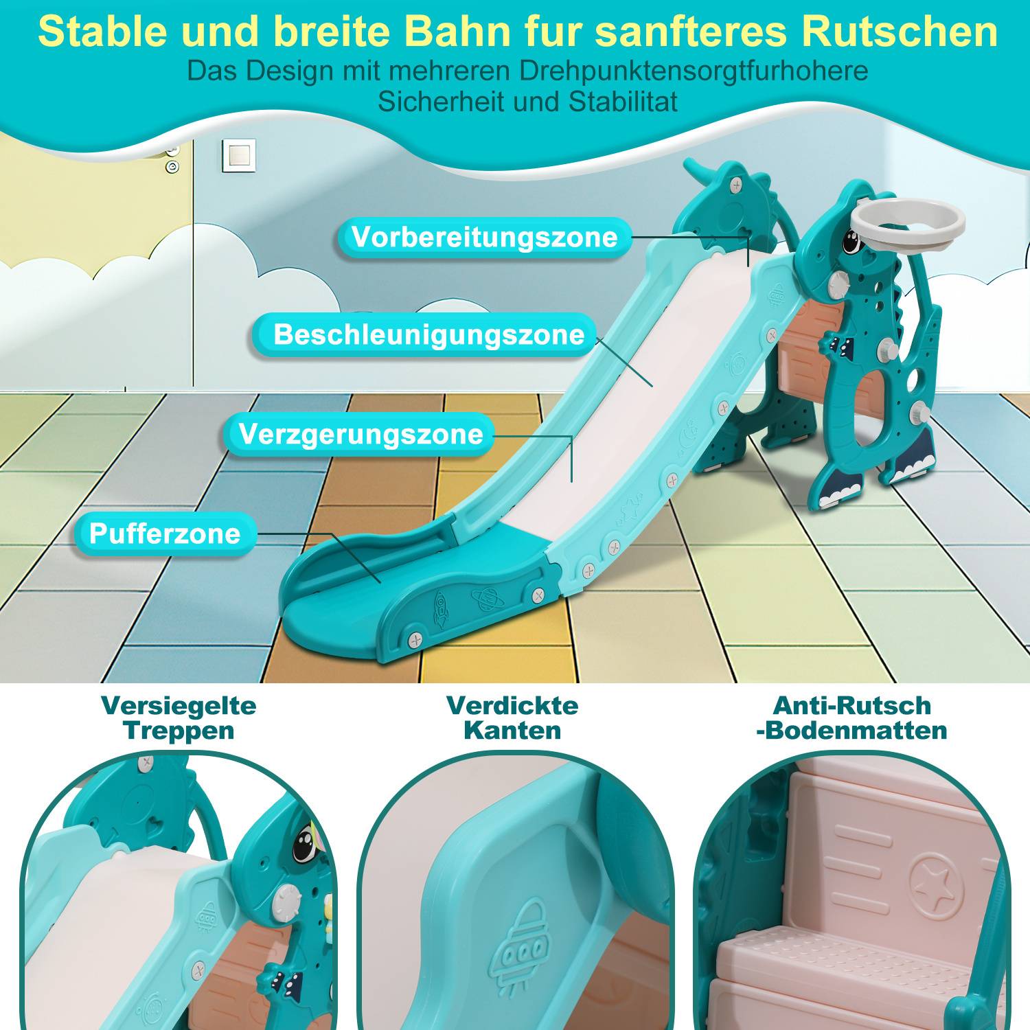 Kinderrutsche 4-in-1 Klappbar Gartenrutsche Spielplatz mit Basketballkorb und Wurfring Englisch-Lerngerät Grün