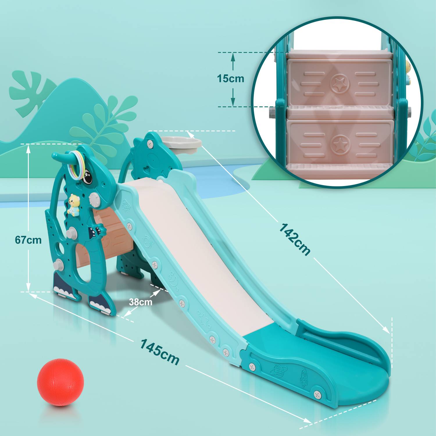 Kinderrutsche 4-in-1 Klappbar Gartenrutsche Spielplatz mit Basketballkorb und Wurfring Englisch-Lerngerät Grün