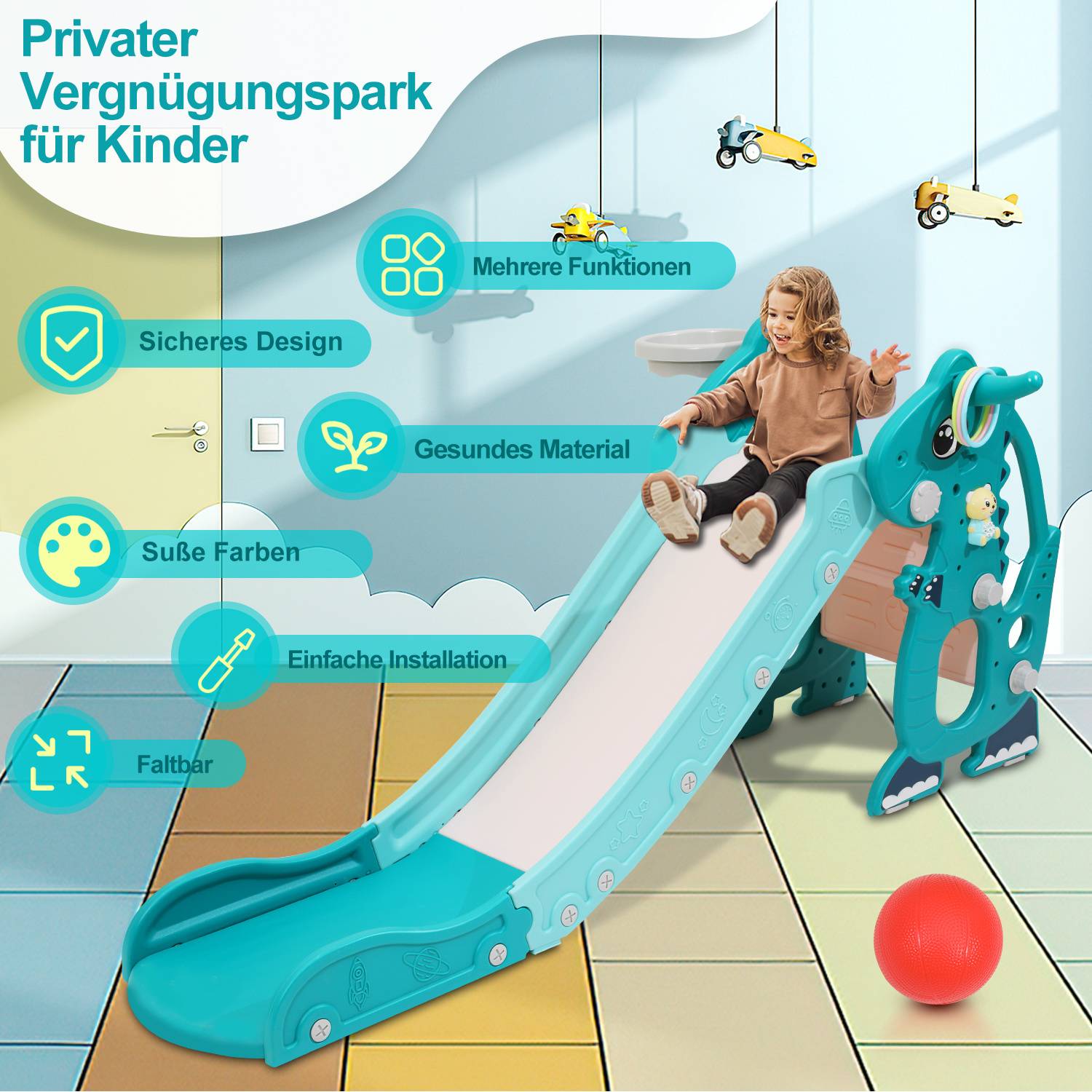 Kinderrutsche 4-in-1 Klappbar Gartenrutsche Spielplatz mit Basketballkorb und Wurfring Englisch-Lerngerät Grün