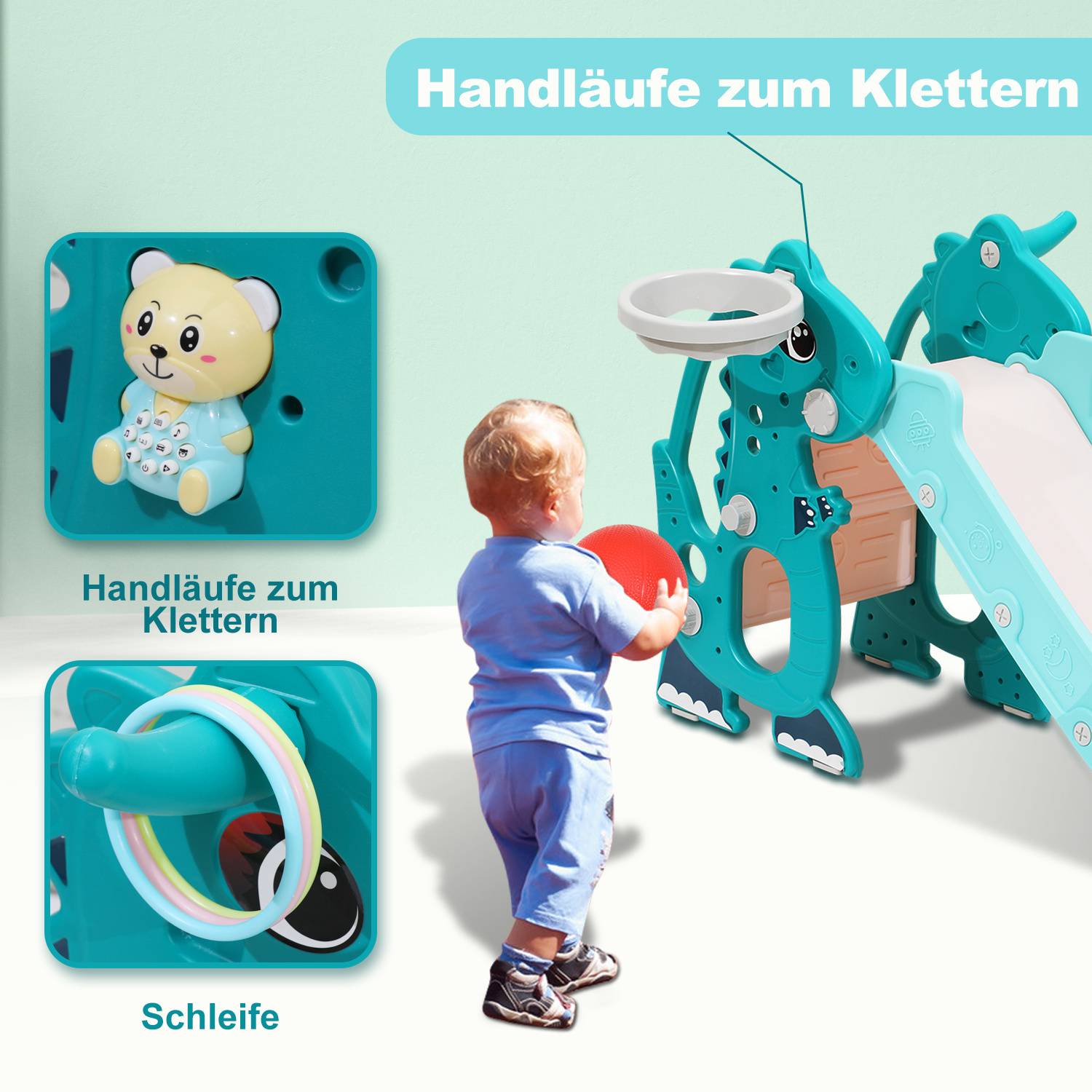Kinderrutsche 4-in-1 Klappbar Gartenrutsche Spielplatz mit Basketballkorb und Wurfring Englisch-Lerngerät Grün