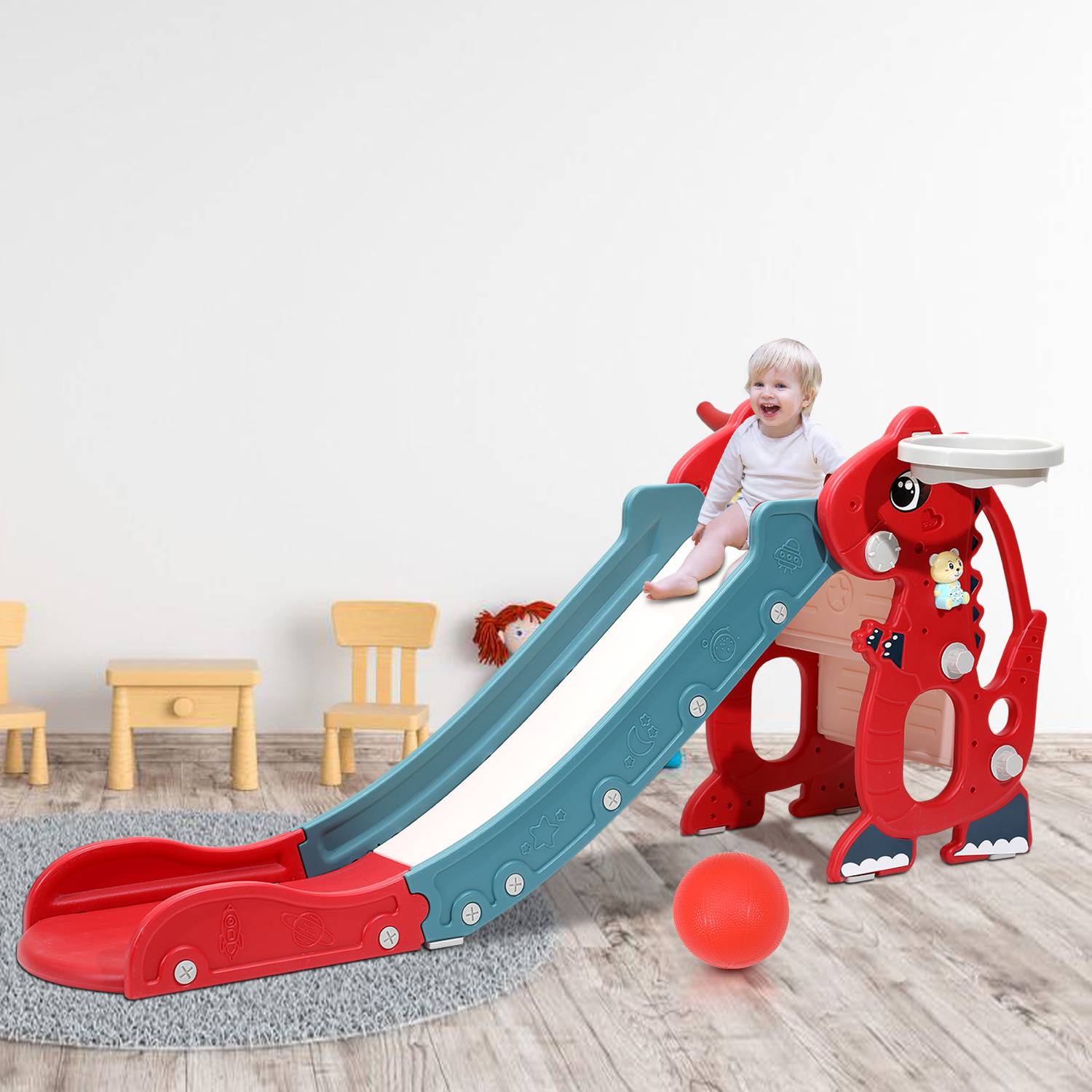 Kinderrutsche 4-in-1 Klappbar Gartenrutsche Spielplatz mit Basketballkorb und Wurfring Englisch-Lerngerät Rot